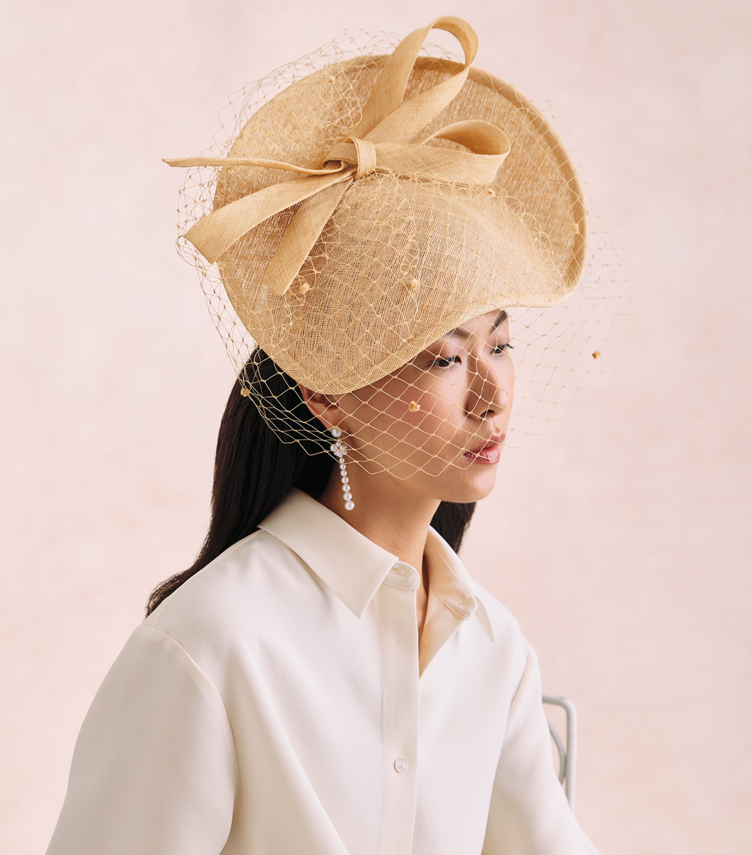 Rachel Trevor-Morgan Straw Leaf Disk and Veil Fascinator Gold