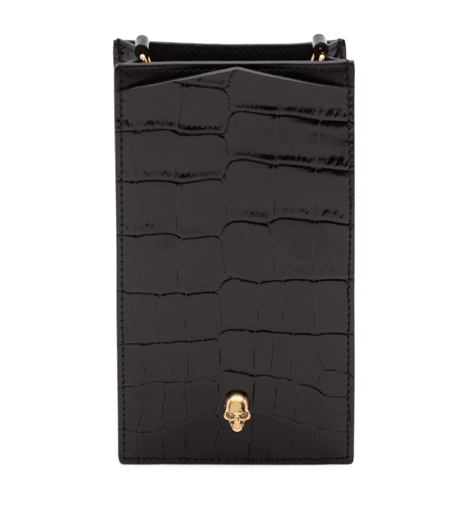 Skull-embellished croc-embossed leather phone case