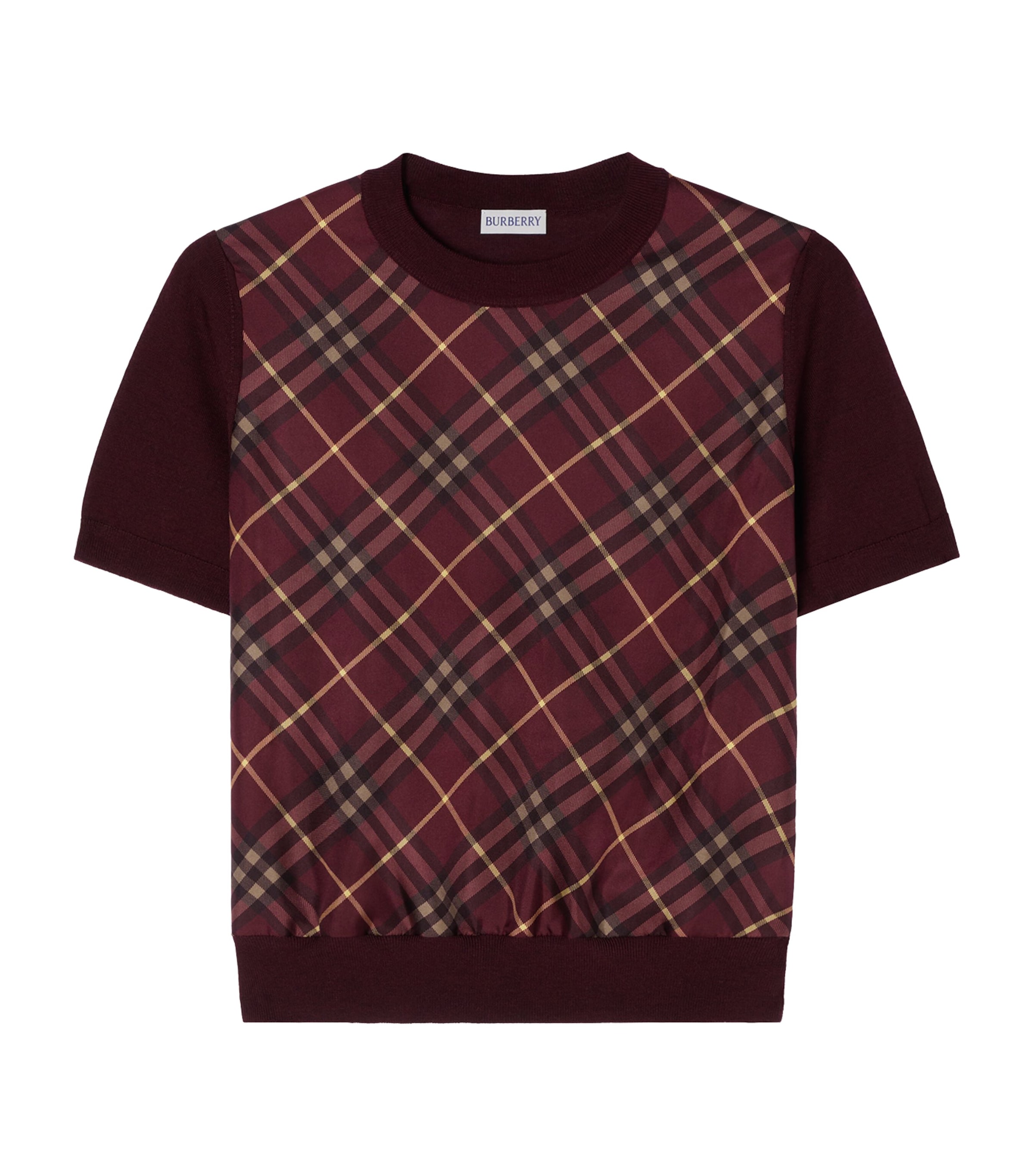 Burberry Womens Wool-Silk Check Panel T-Shirt Vineyard Red
