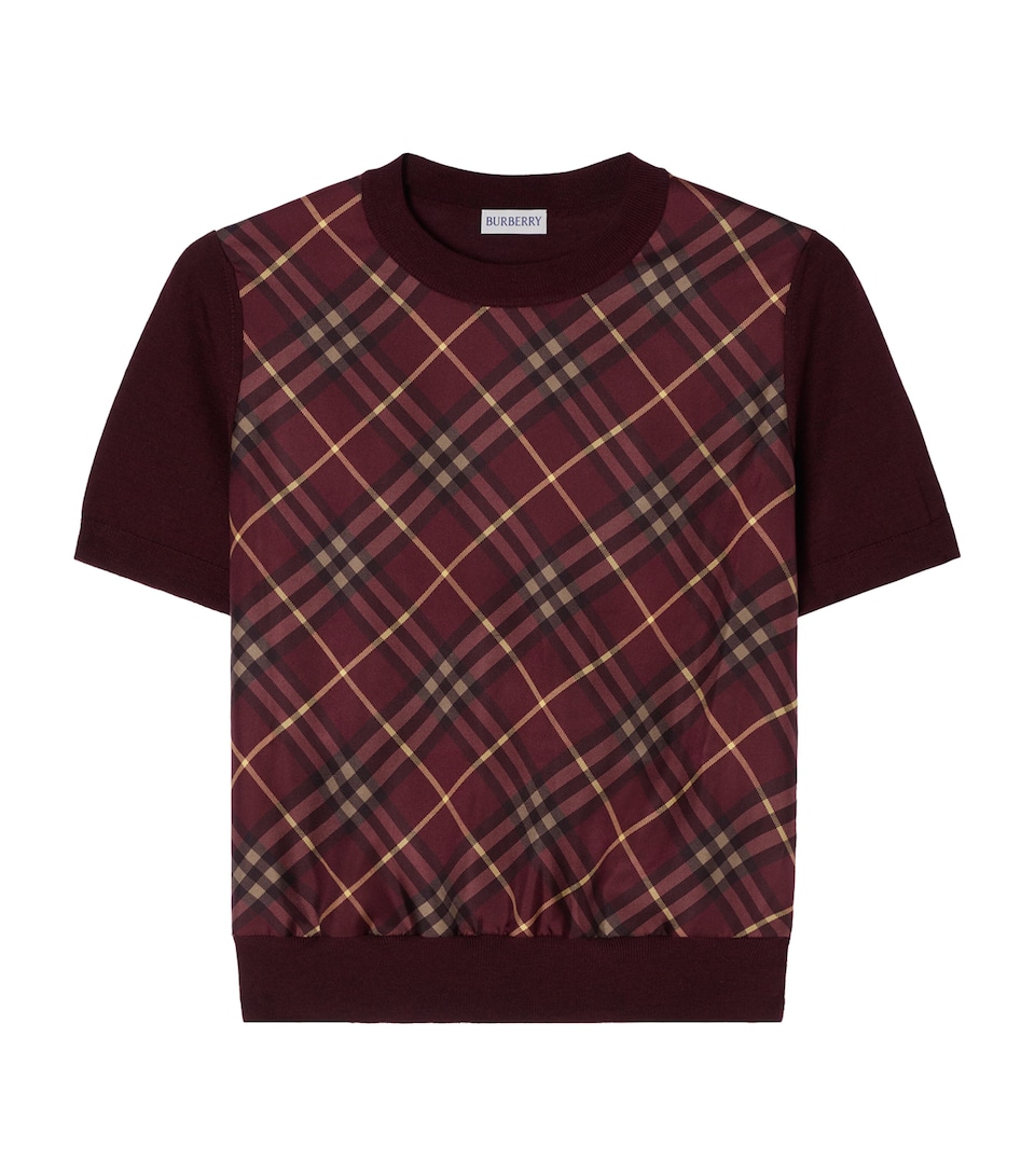 Burberry Womens Wool-Silk Check Panel T-Shirt Vineyard Red