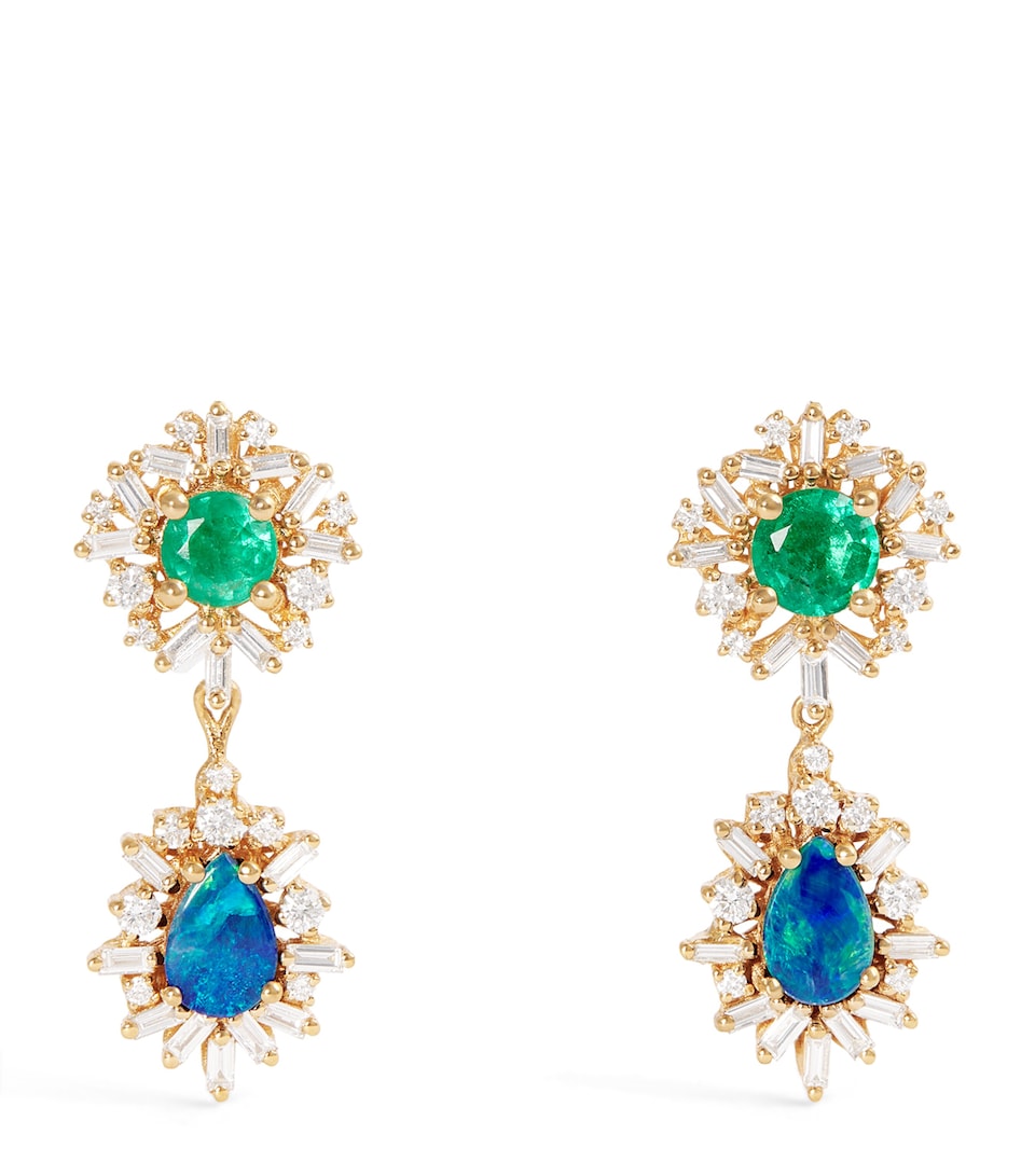 Yellow Gold, Emerald, Opal and Diamond One of a Kind Drop Earrings