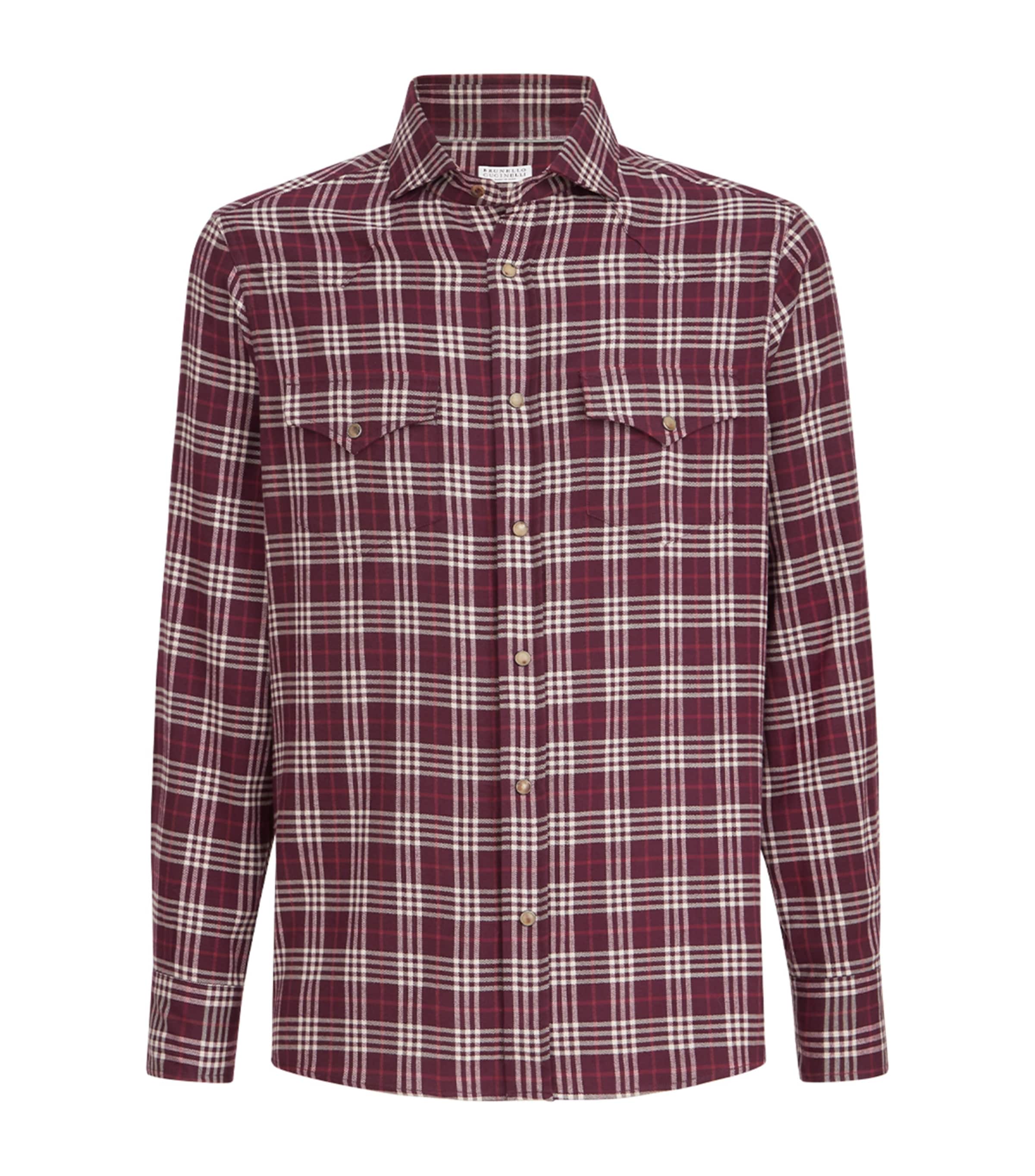 Brunello Cucinelli Mens Flannel Check Western Shirt Prugna