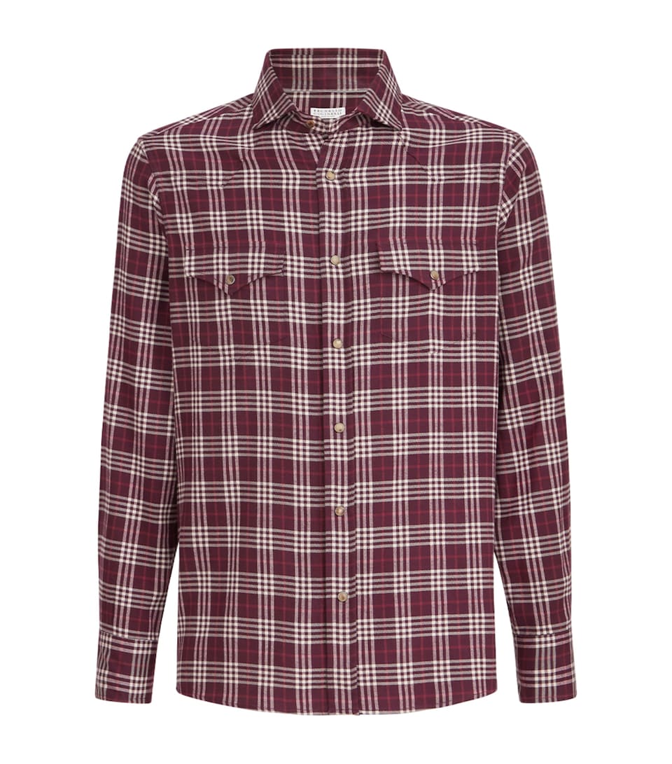 Brunello Cucinelli Mens Flannel Check Western Shirt Prugna