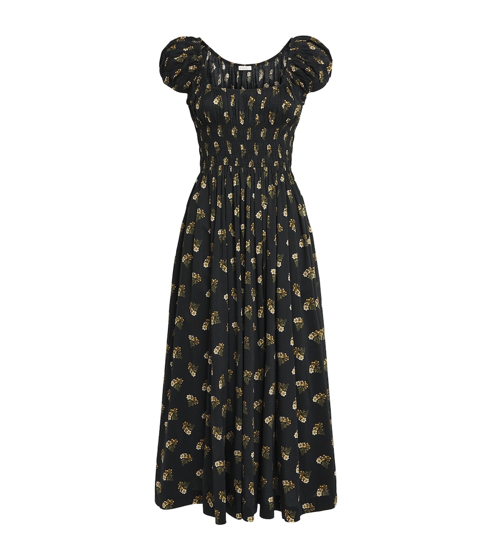 DÔEN Womens Poplin Floral Quinley Midi Dress Buttercup Bouquet