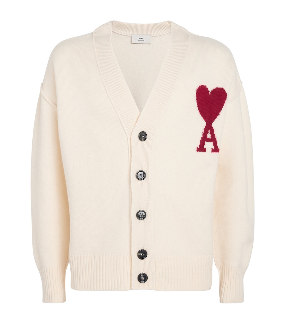 AMI Paris Mens Virgin Wool Ami de Coeur Cardigan Ecru/rouge