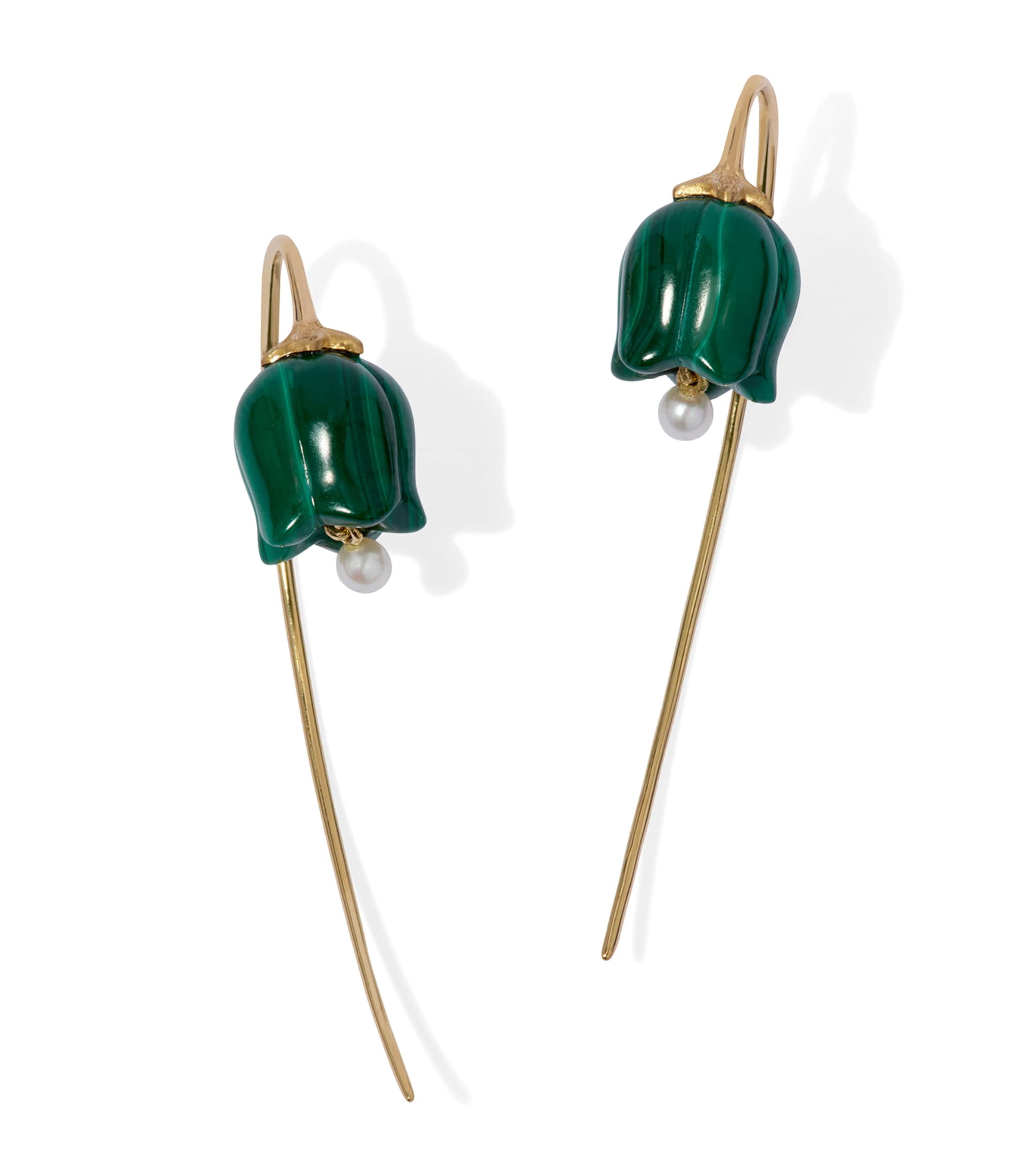 Yellow Gold, Malachite and Pearl Tulips French Hook Earrings