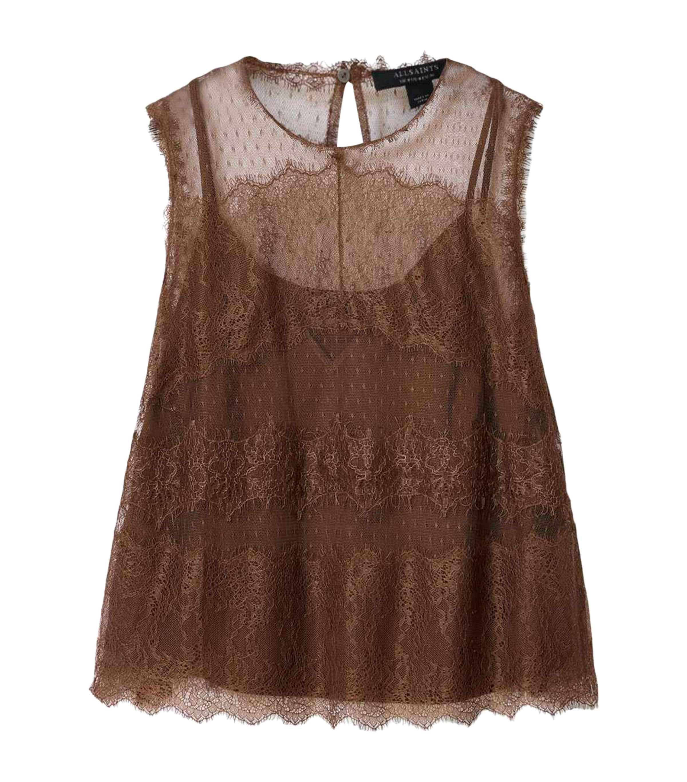 AllSaints Womens Tulle Lace-Trimmed Clara Blouse Bitter Brown