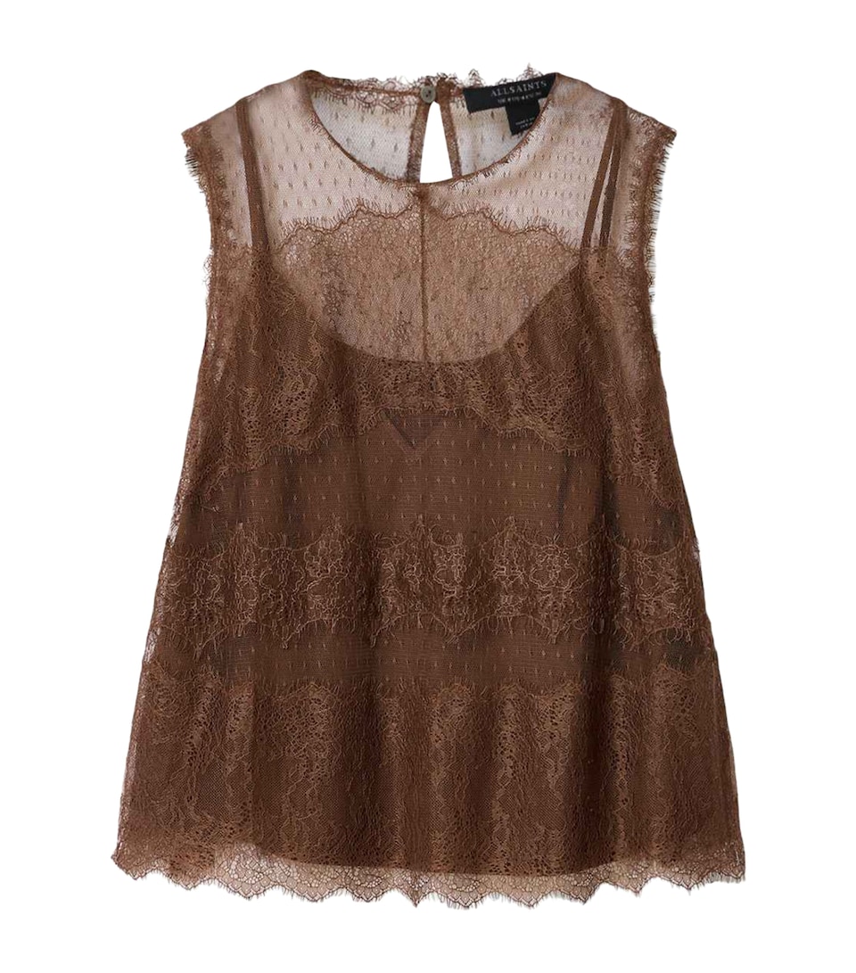 AllSaints Womens Tulle Lace-Trimmed Clara Blouse Bitter Brown