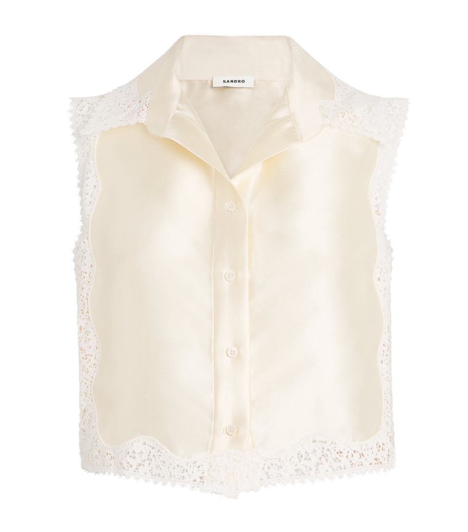 Sandro Paris Womens Lace-Trim Cropped Shirt Ecru