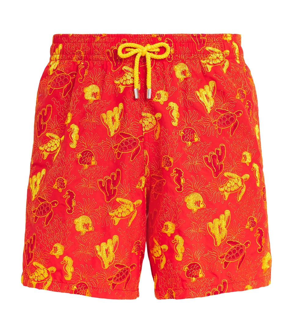 Vilebrequin Mens Aquatic Life-Embroidered Mistral Swim Shorts Coquelicot