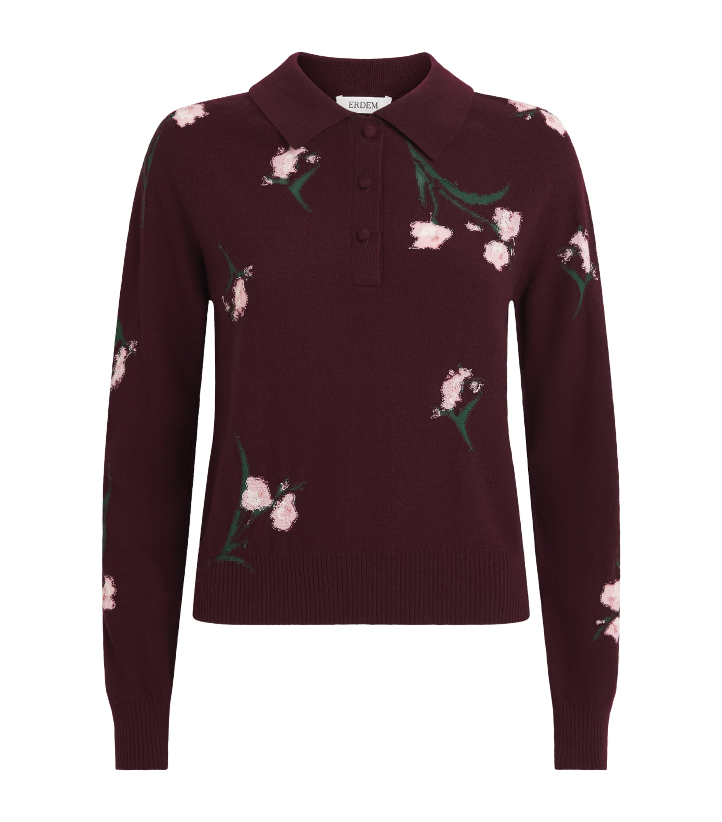 Erdem Womens Merino Wool Floral Polo Sweater Bordeaux