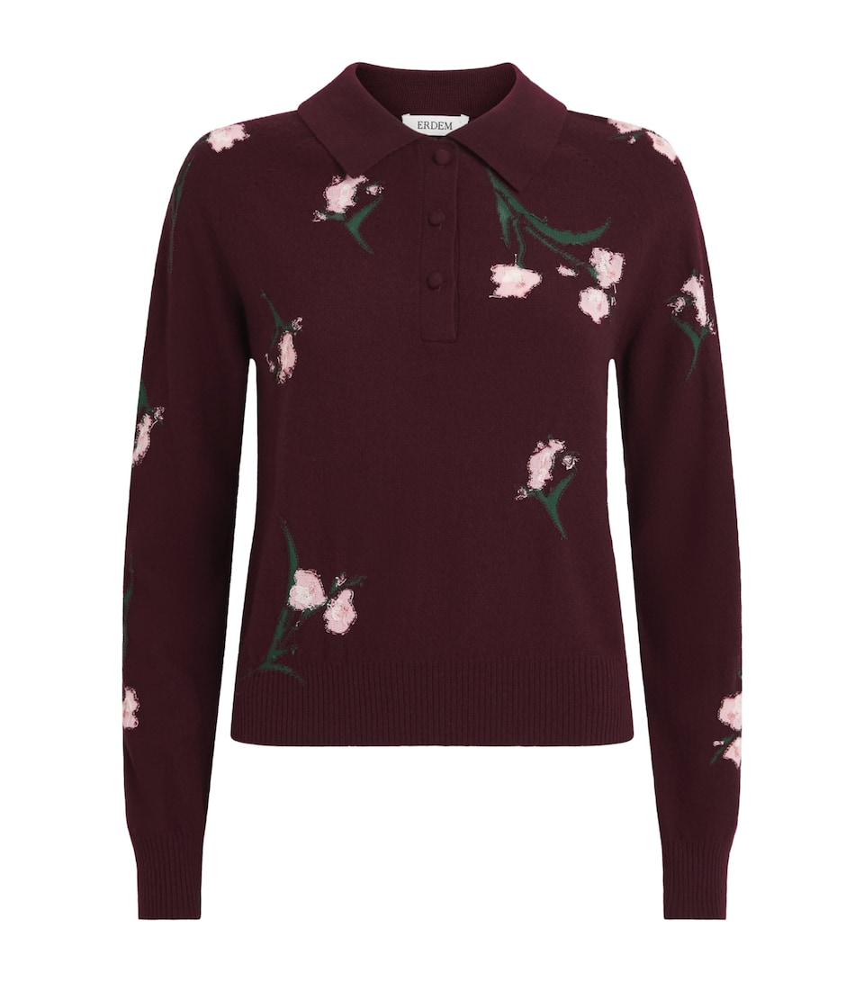 Erdem Womens Merino Wool Floral Polo Sweater Bordeaux