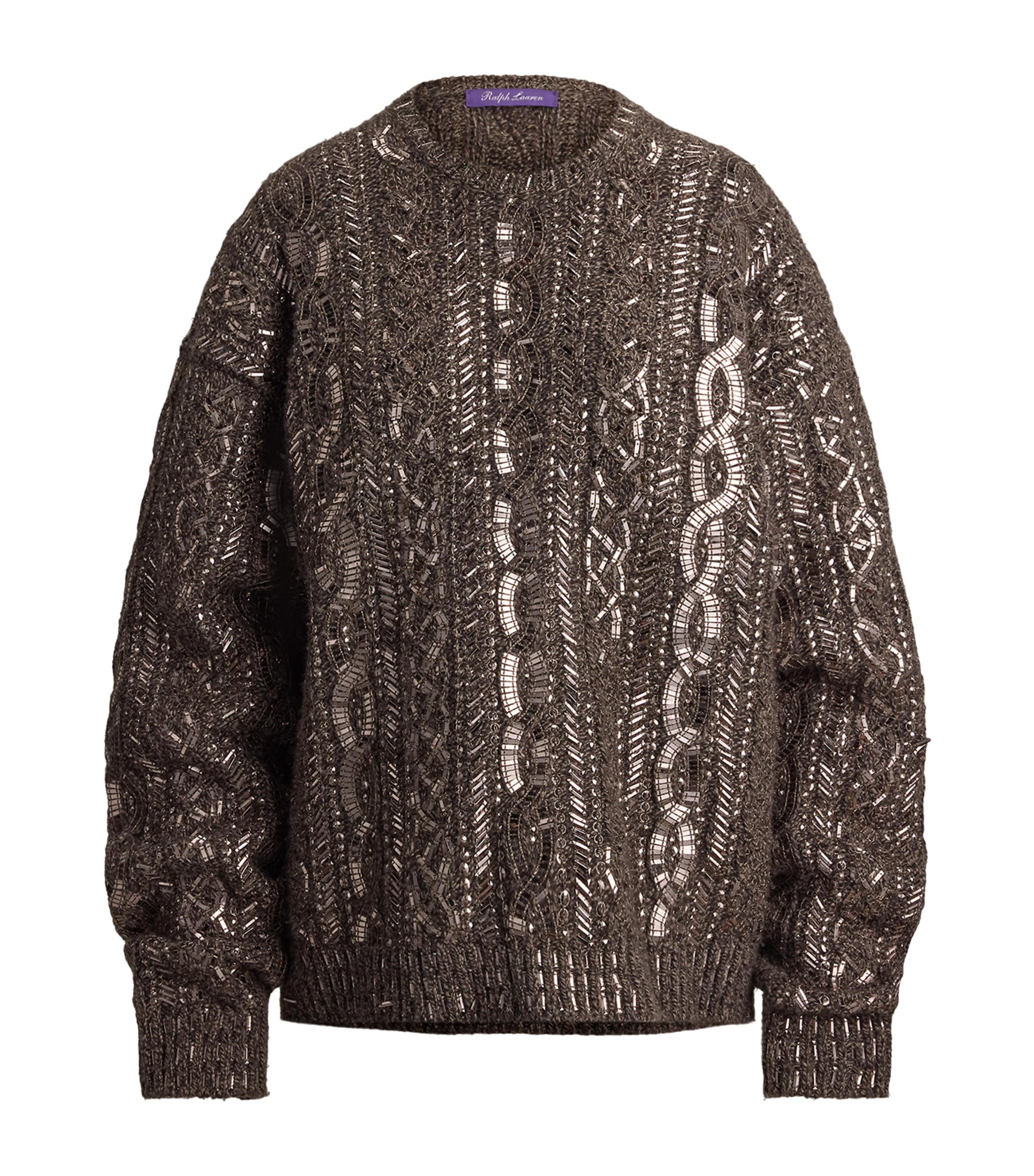 Ralph Lauren Collection Womens Wool-Cashmere Embellished Sweater Tarnished Silver