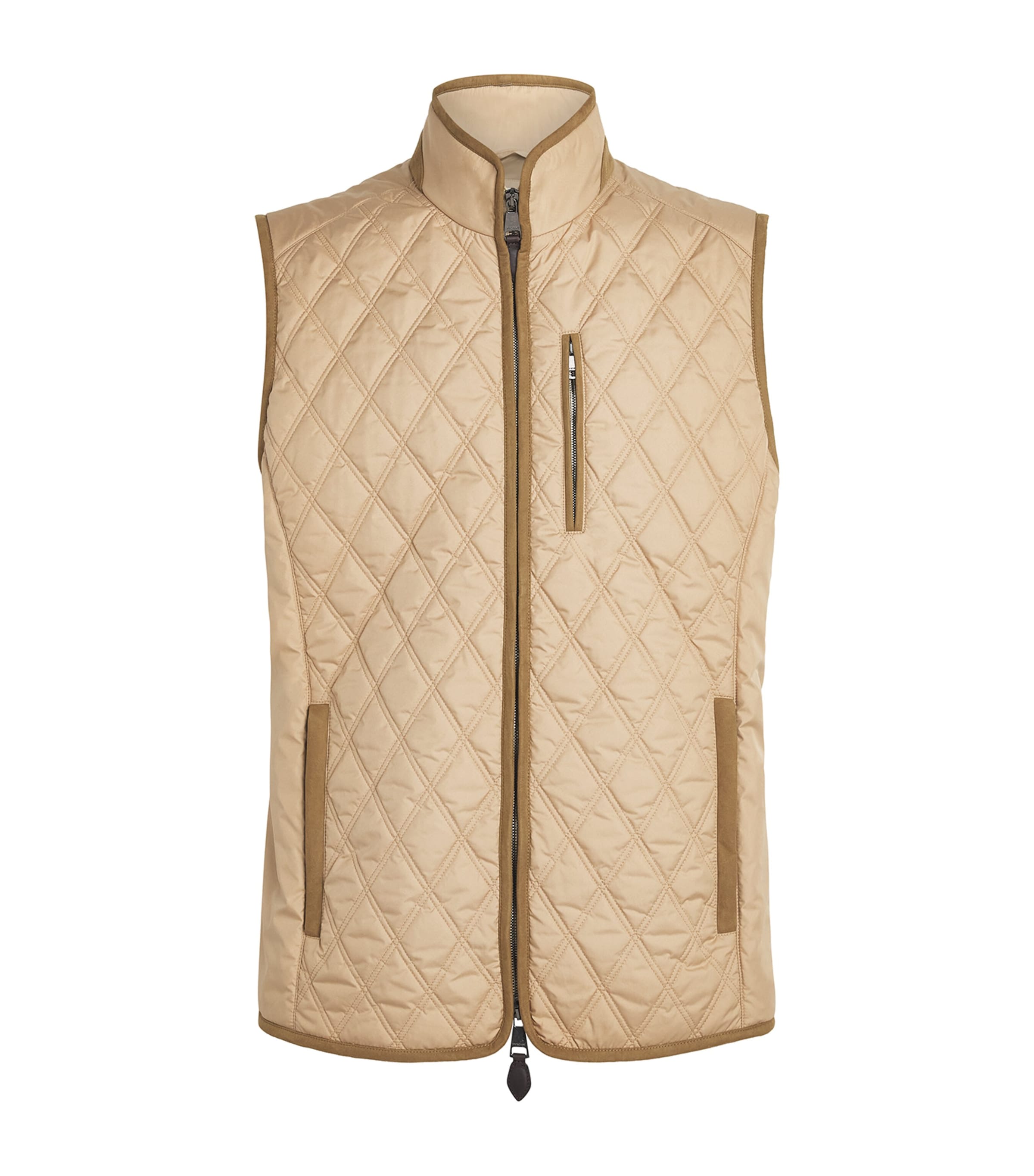 Purdey Mens Suede-Trim Quilted Gilet Camel