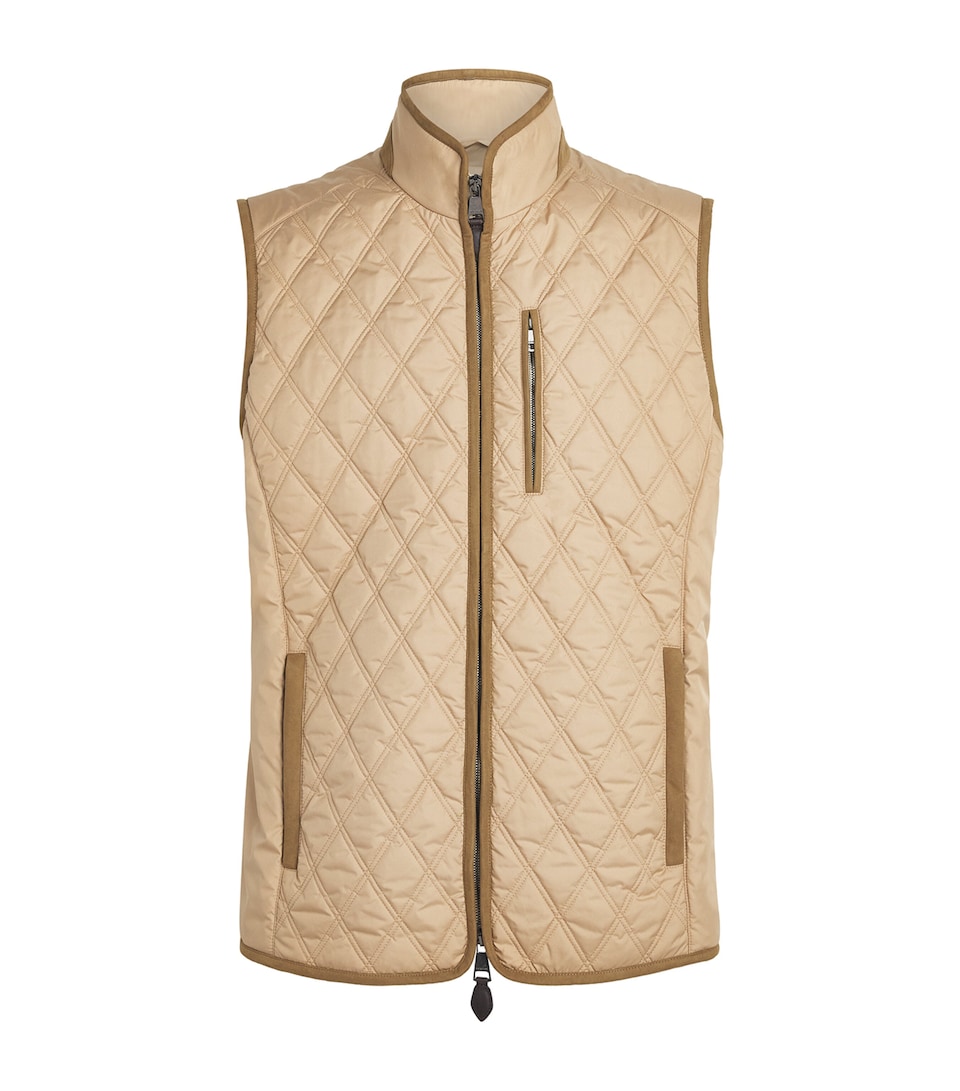Purdey Mens Suede-Trim Quilted Gilet Camel