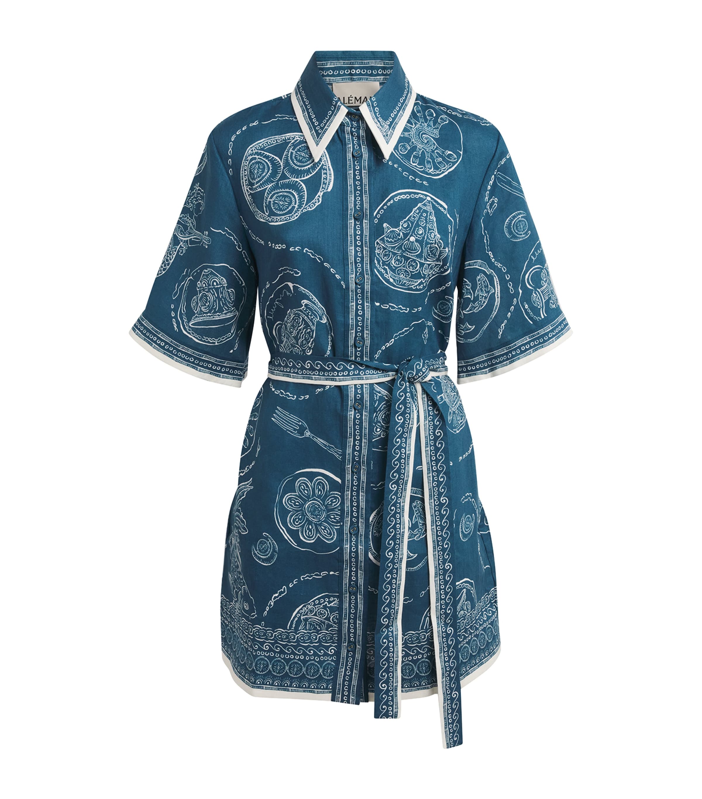 ALEMAIS Womens Linen Printed Lucky Mini Dress Blue