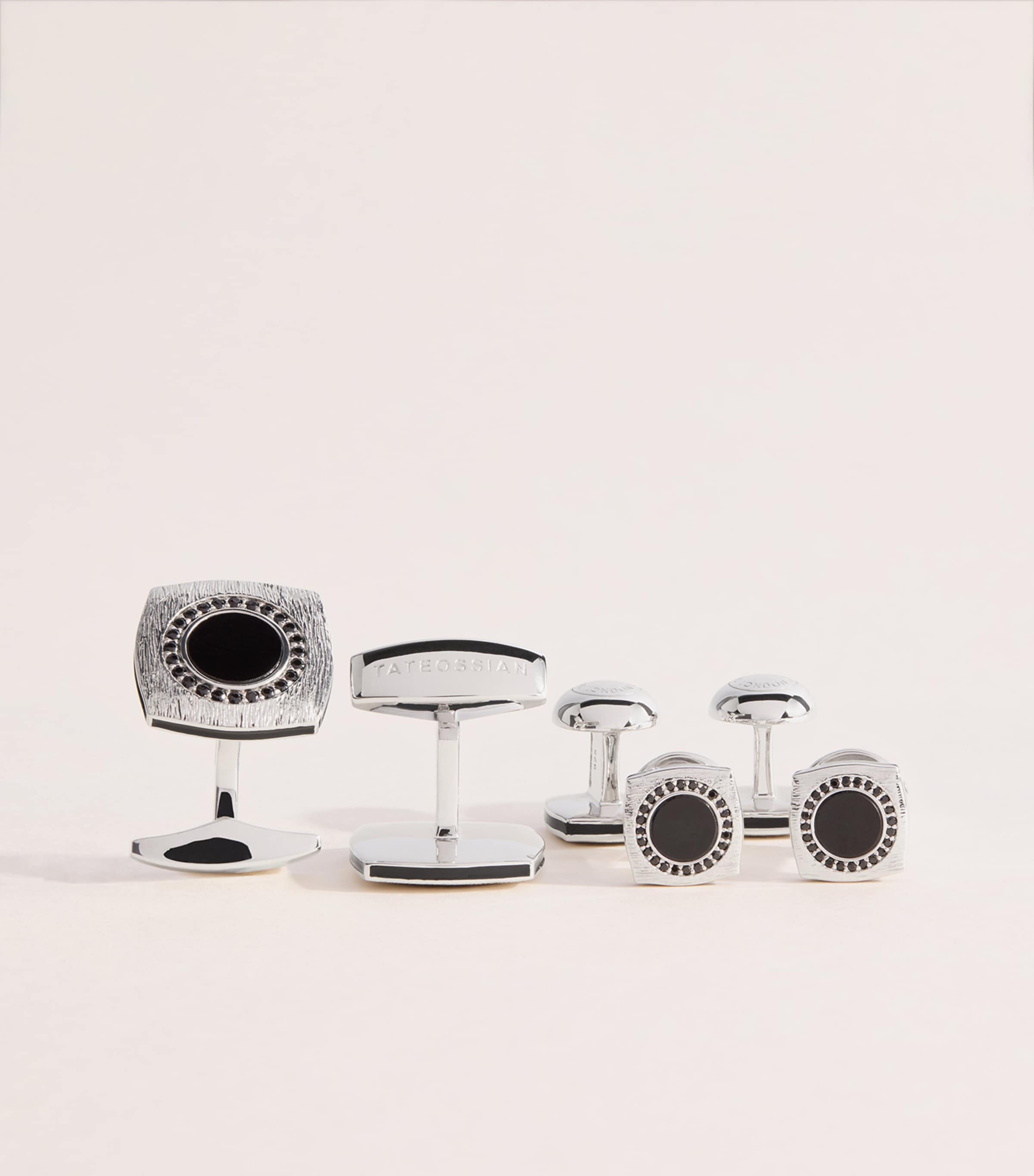 Tateossian Onyx Graffiato Rounded Square Cufflinks and Studs Set Black