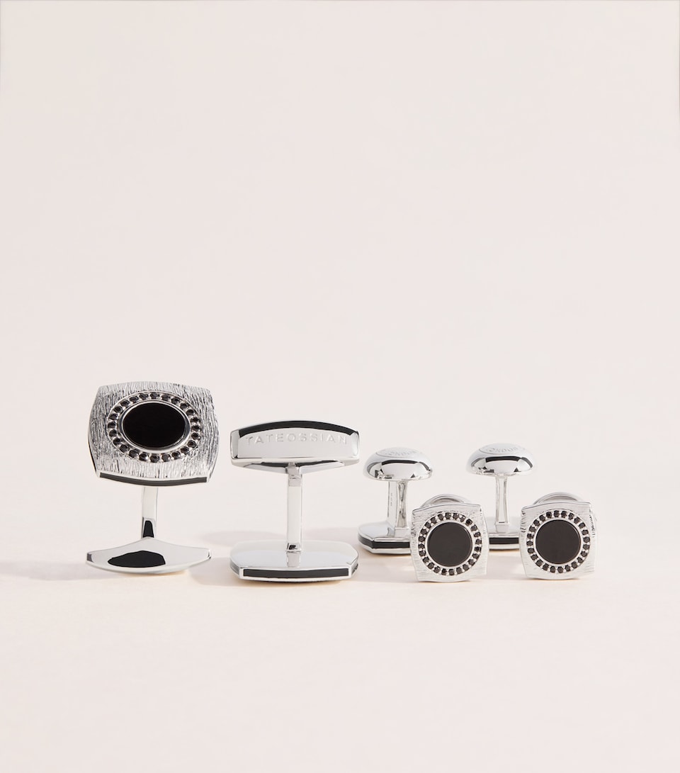Tateossian Onyx Graffiato Rounded Square Cufflinks and Studs Set Black
