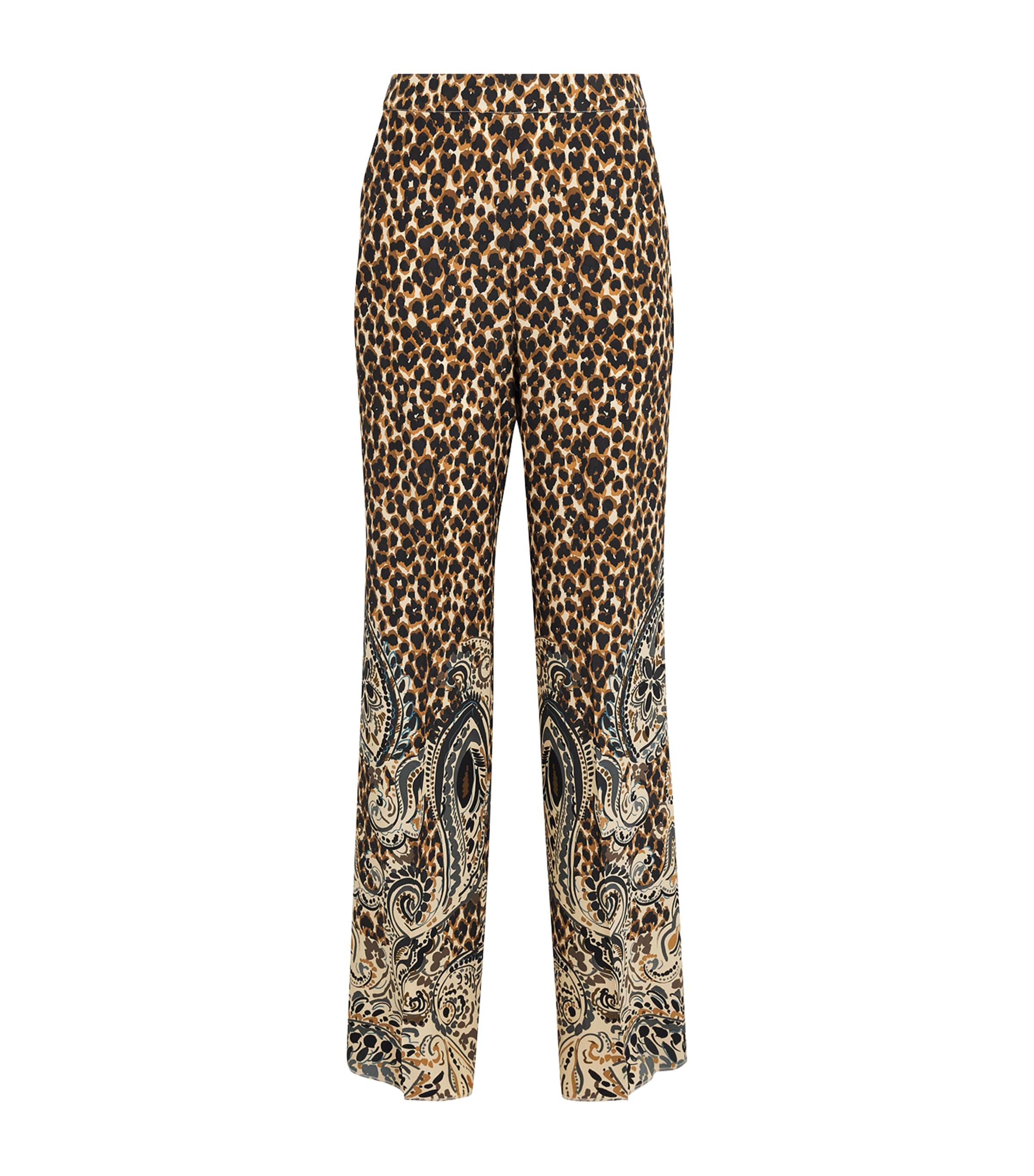 Etro Womens Silk Leopard Straight Trousers Beige