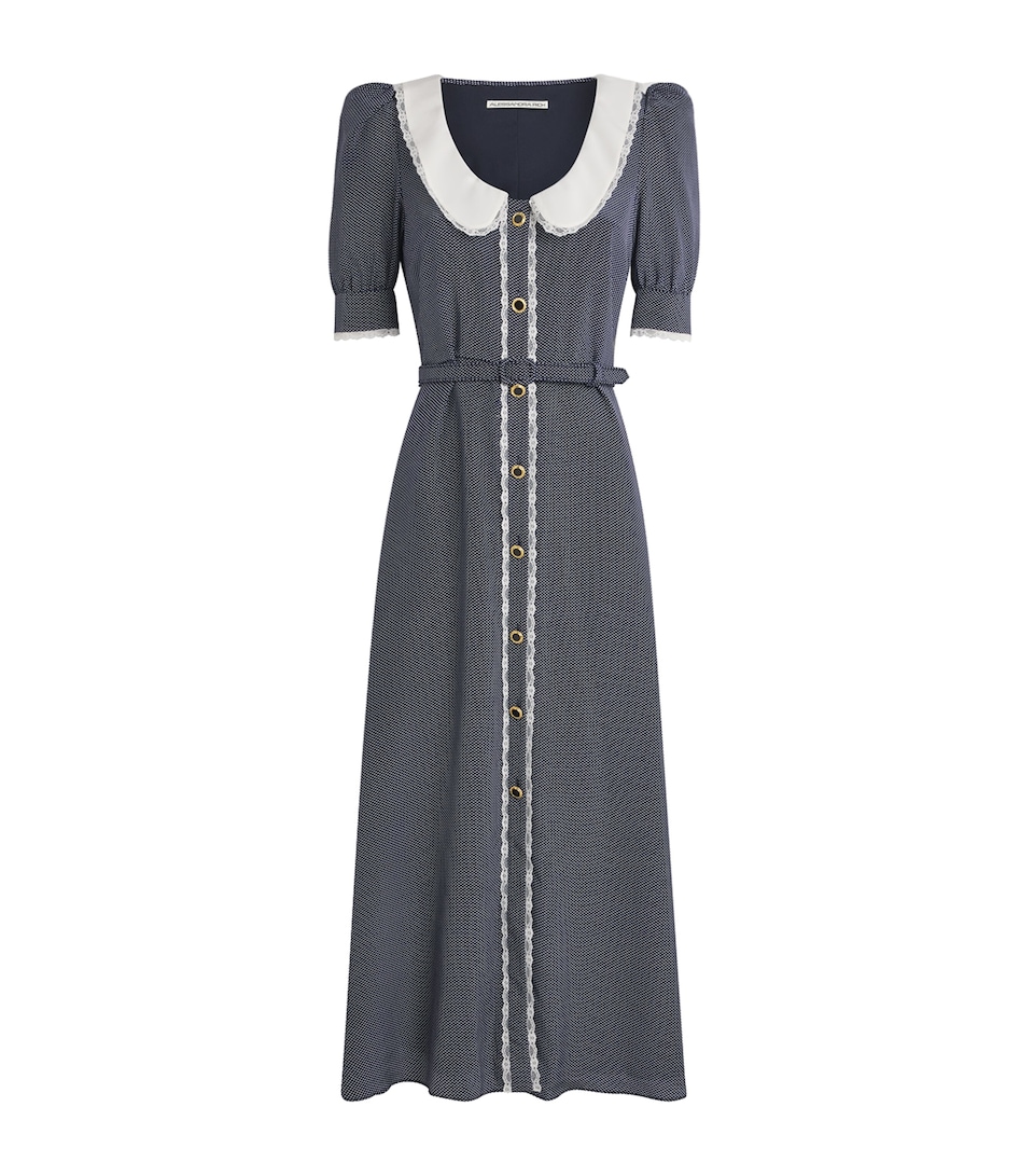 Alessandra Rich Womens Silk Printed Midi Dress Navy Blue White