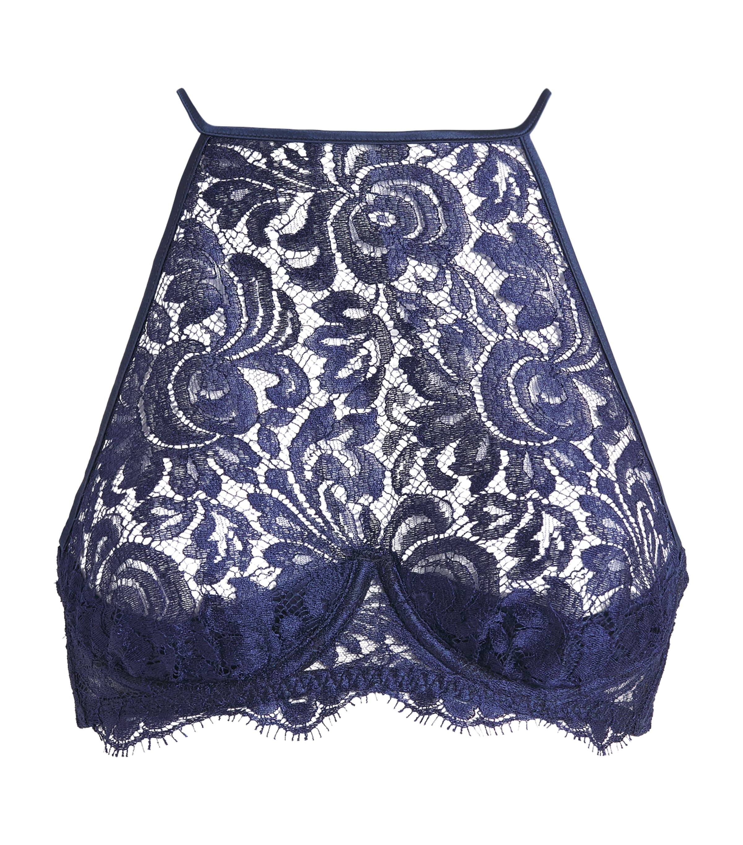 Coco De Mer Womens Lace Tamara High-Neck Balconette Bra Sapphire