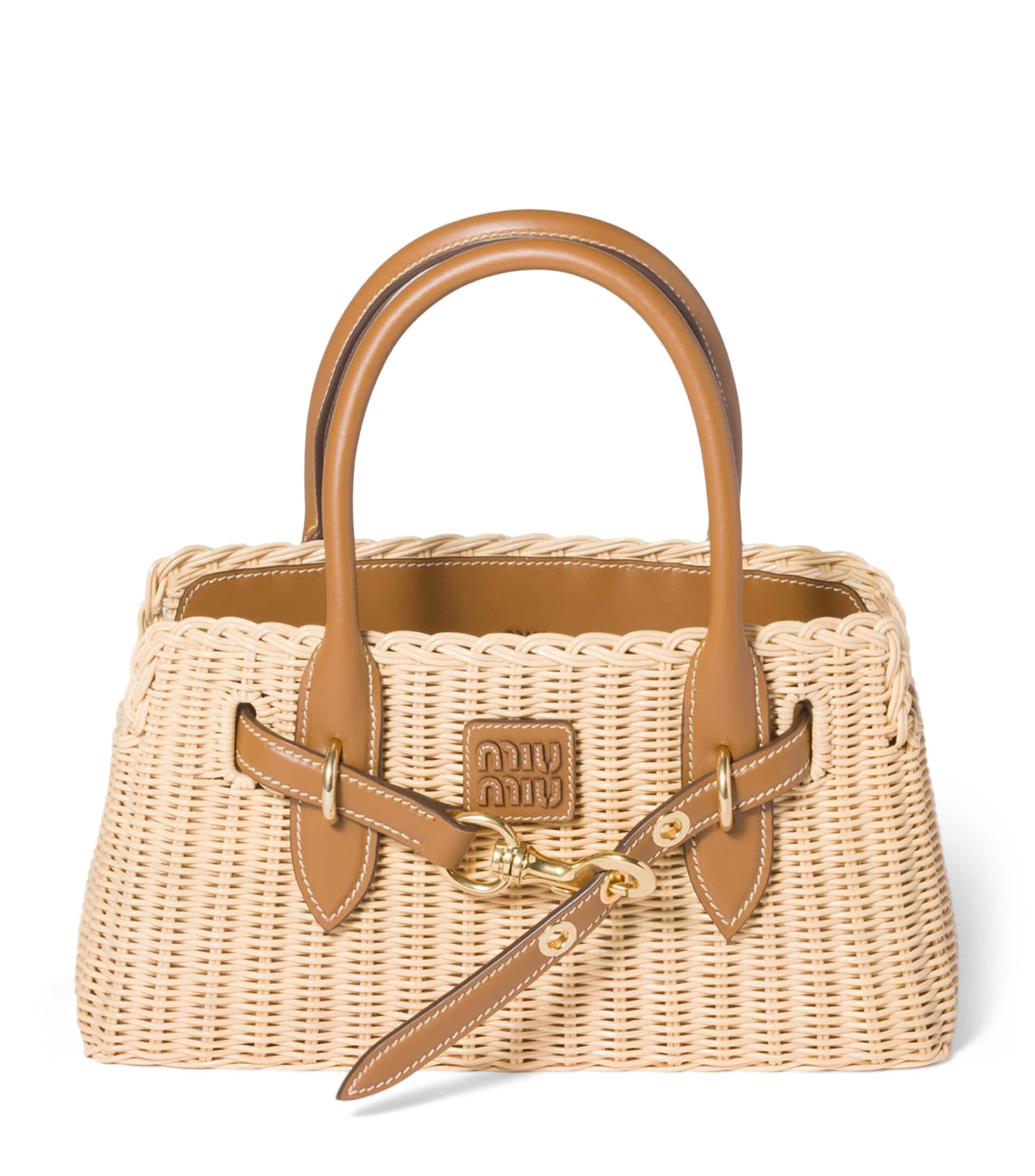 Miu Miu Wicker and Leather Aventure Top-Handle Bag Neutral