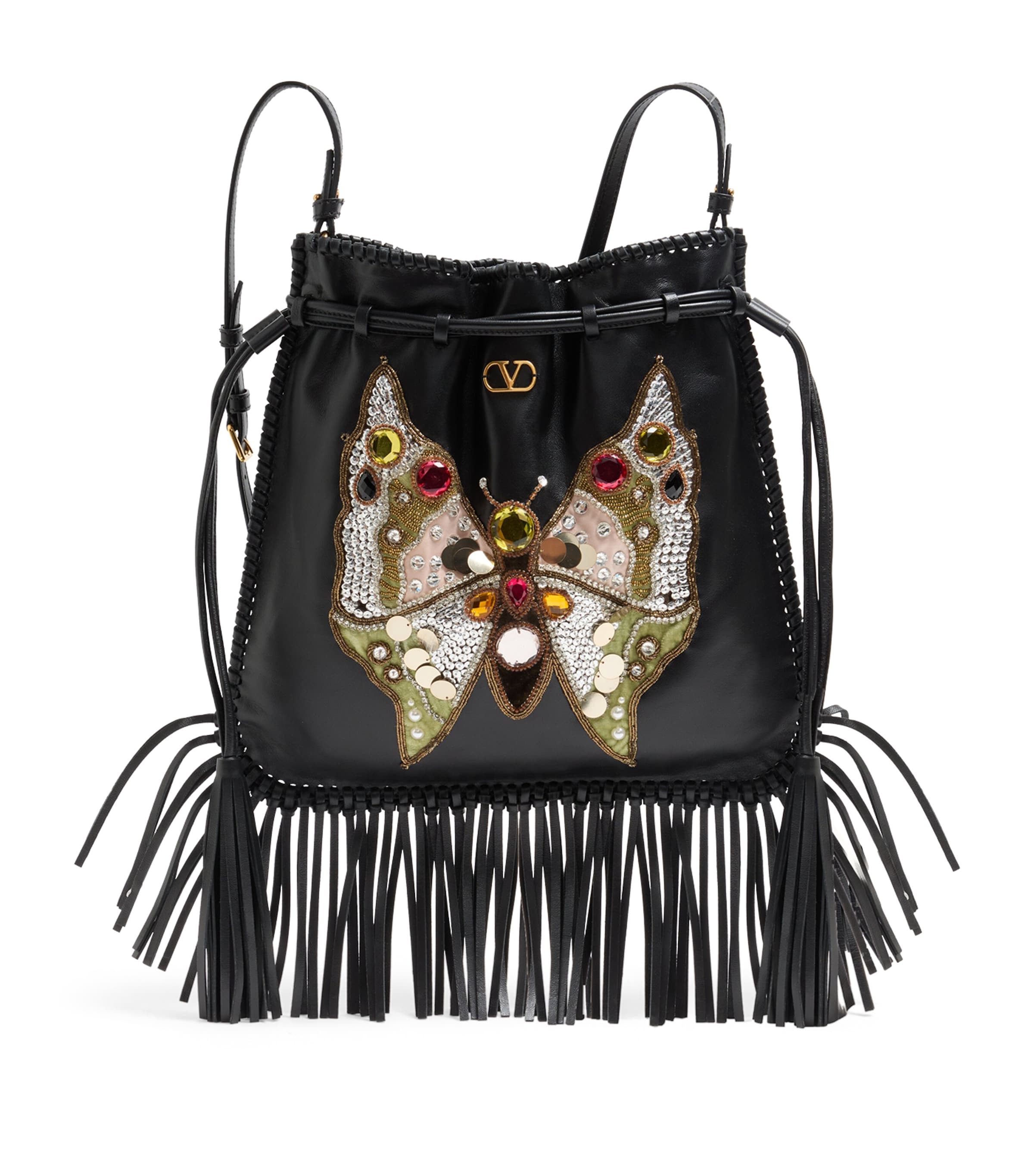 Embellished Leather Fringe Bucket Bag