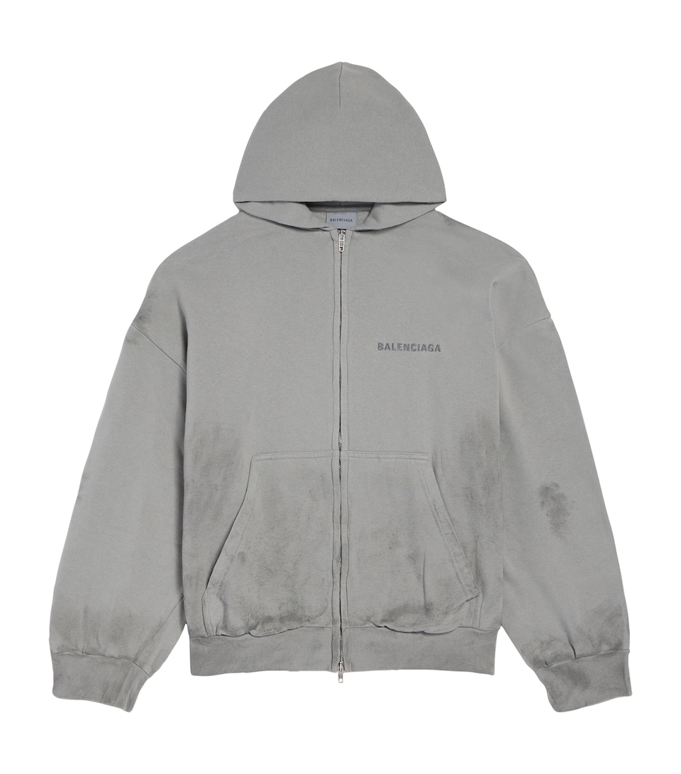 Balenciaga Mens Distressed Logo Zip-Up Hoodie