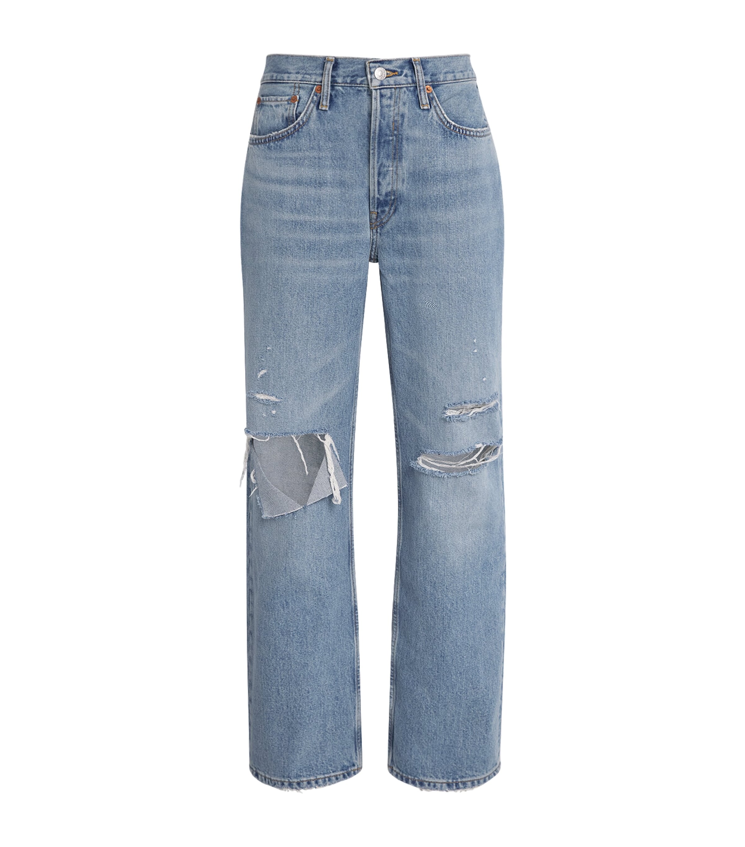 Re-Done Womens Distressed Mid-Rise Straight Jeans Sunfaded Destroy