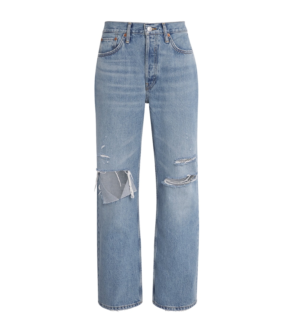 Re-Done Womens Distressed Mid-Rise Straight Jeans Sunfaded Destroy