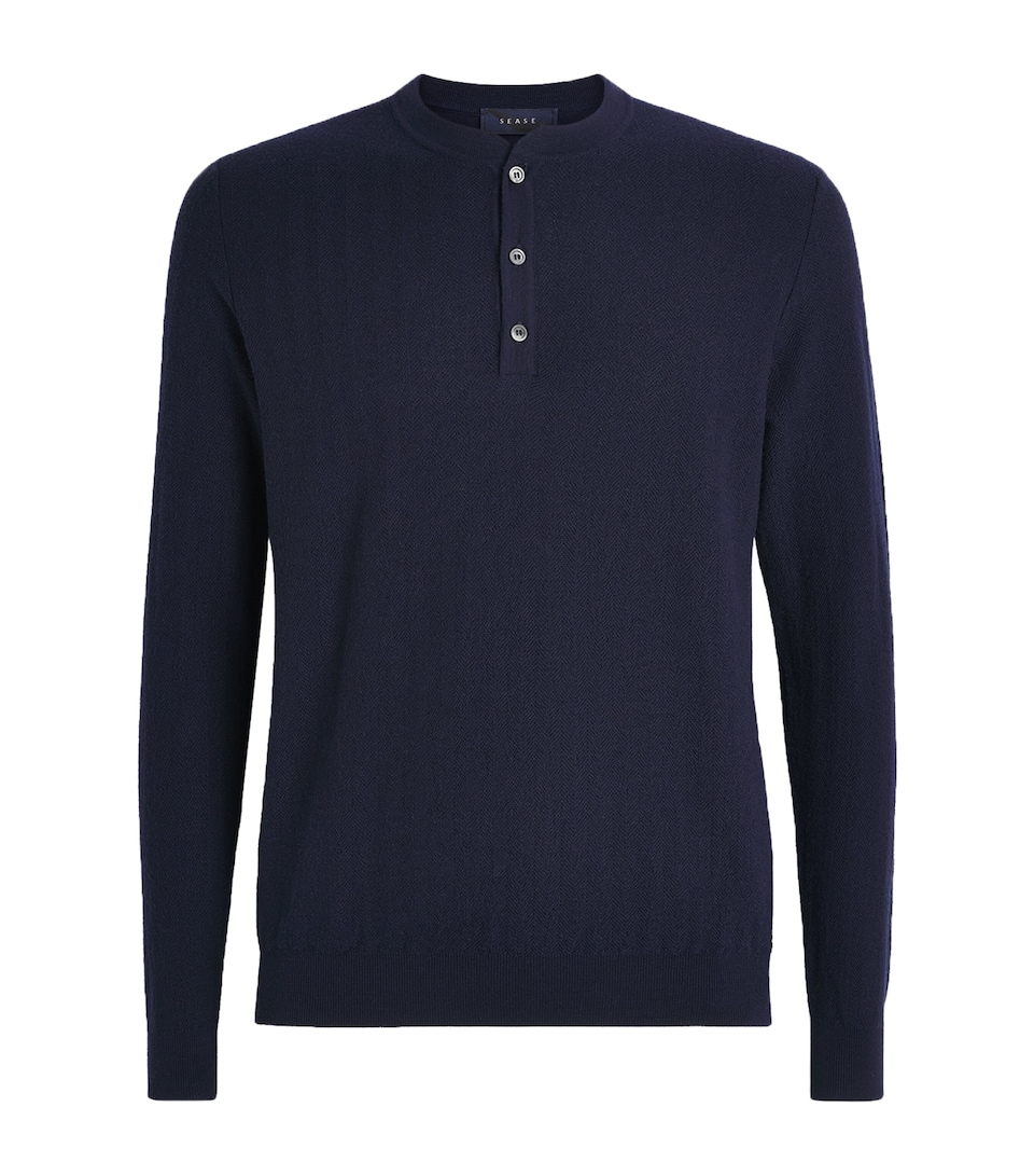 Sease Mens Wool, Silk and Cashmere Herringbone Henley Top Midnight Blue