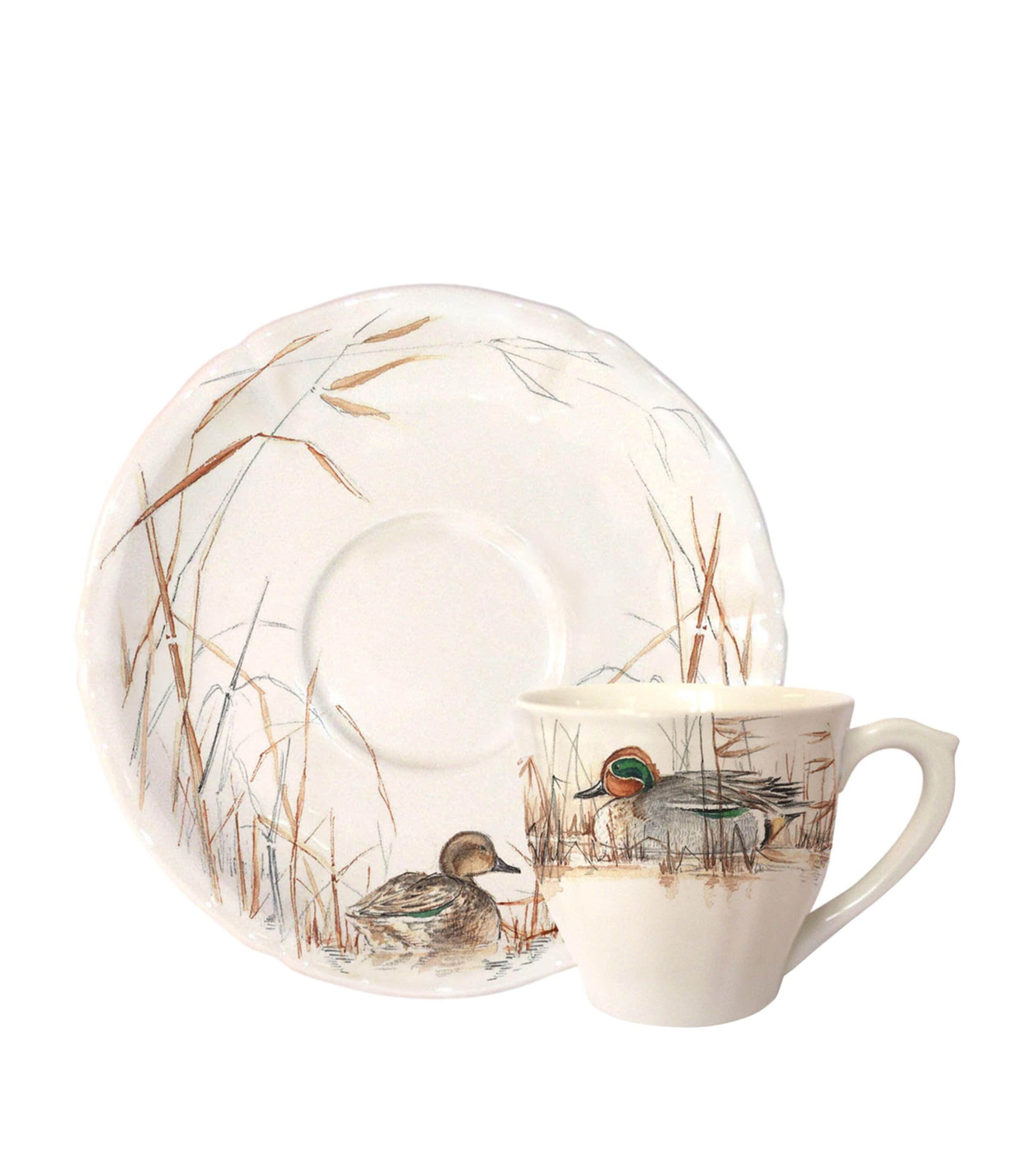 Gien Set of 2 Sologne Teacups and Saucers White, Brown
