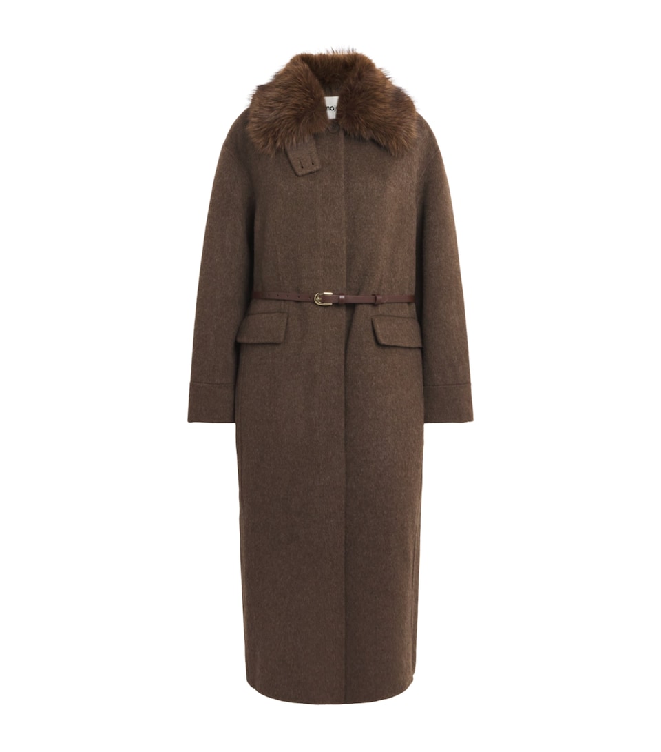Maje Womens Wool-Blend Faux Fur-Collar Coat Dark Brown