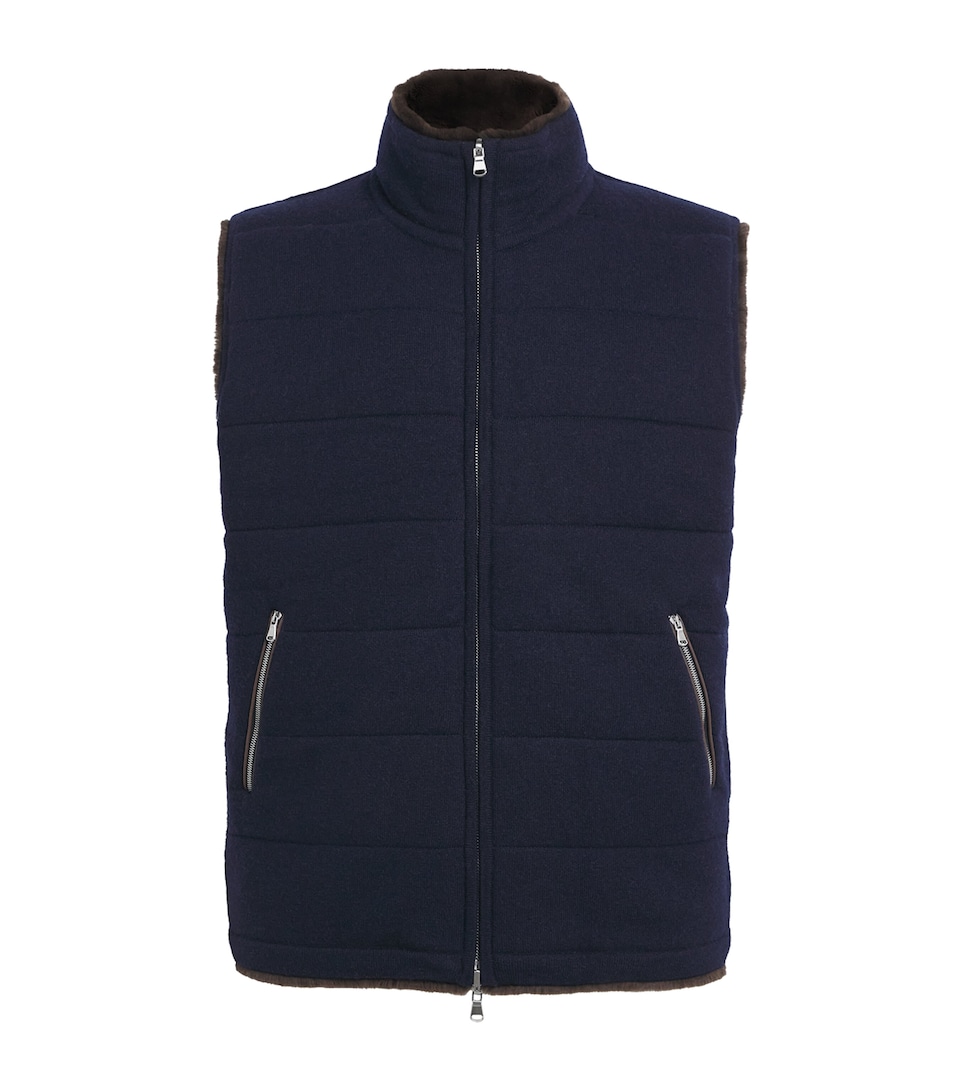 N.Peal Mens Cashmere Fur-Lined Gilet Navy Chocolate Fur