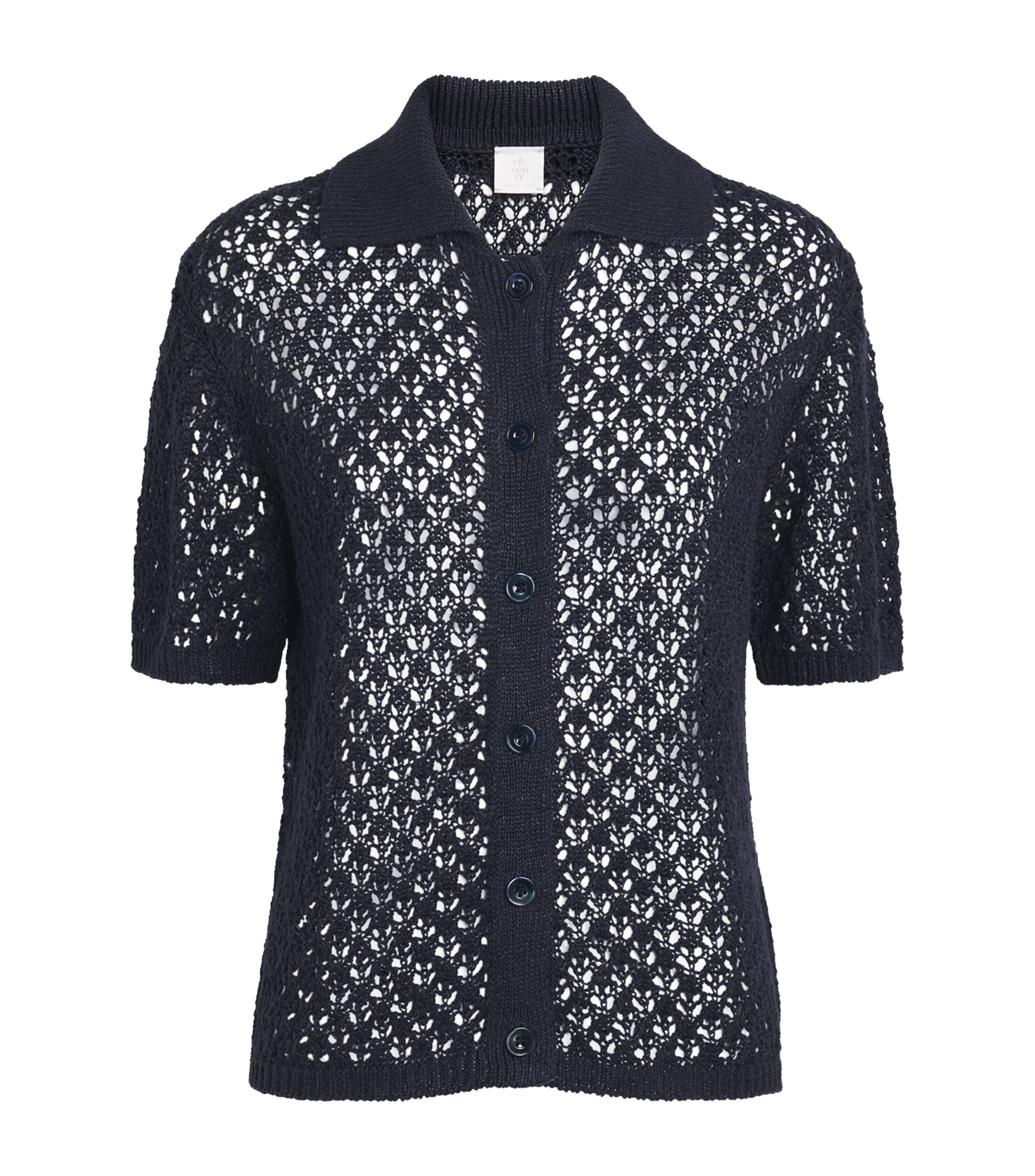 Eleventy Womens Linen-Silk Knitted Open-Work Shirt Blu