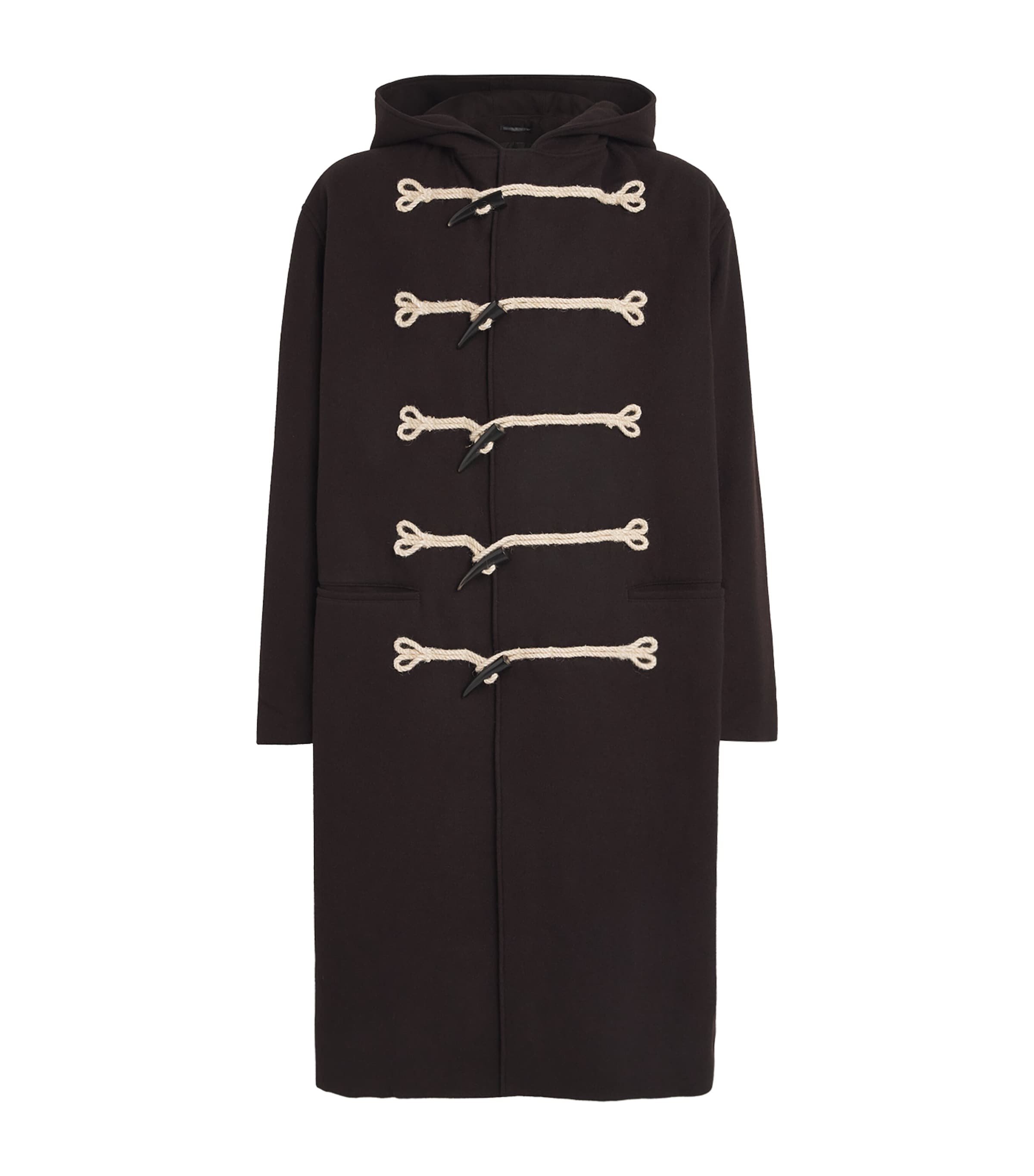 Yohji Yamamoto Mens Wool-Blend Flannel Toggle Duffle Coat Bordeaux