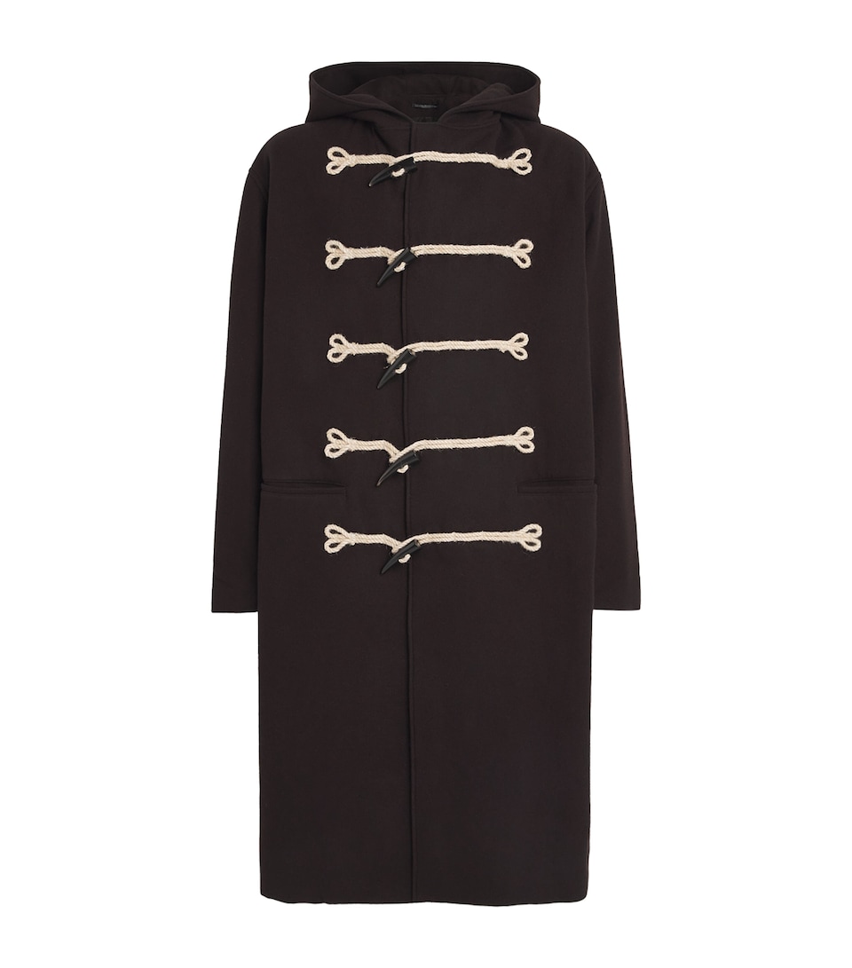 Yohji Yamamoto Mens Wool-Blend Flannel Toggle Duffle Coat Bordeaux