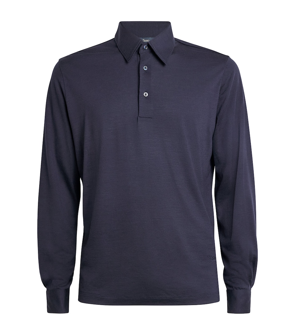 Herno Mens Wool Jersey Long-Sleeve Polo Shirt Blu Navy