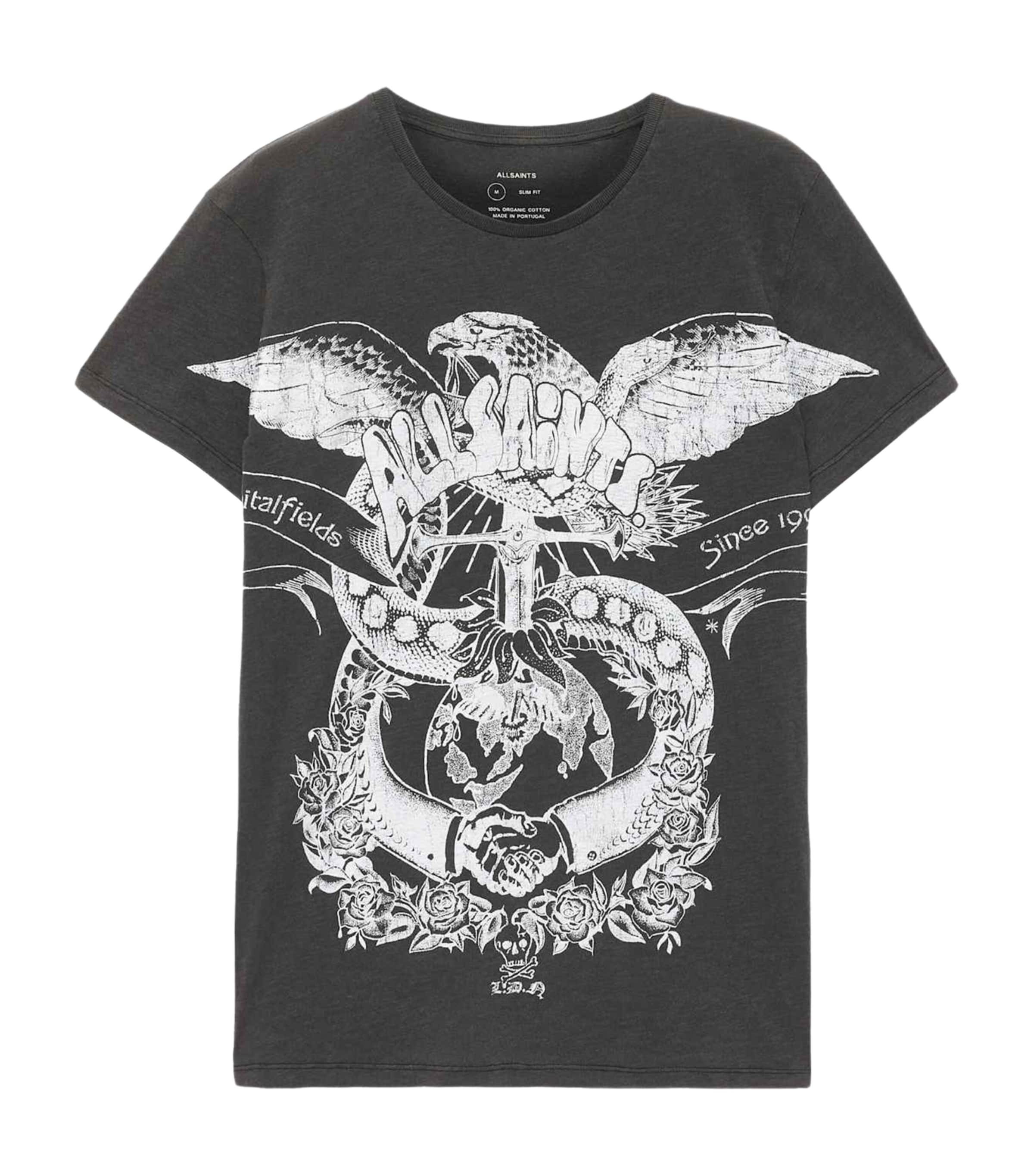 AllSaints Mens Organic Cotton Emblems T-Shirt Washed Black
