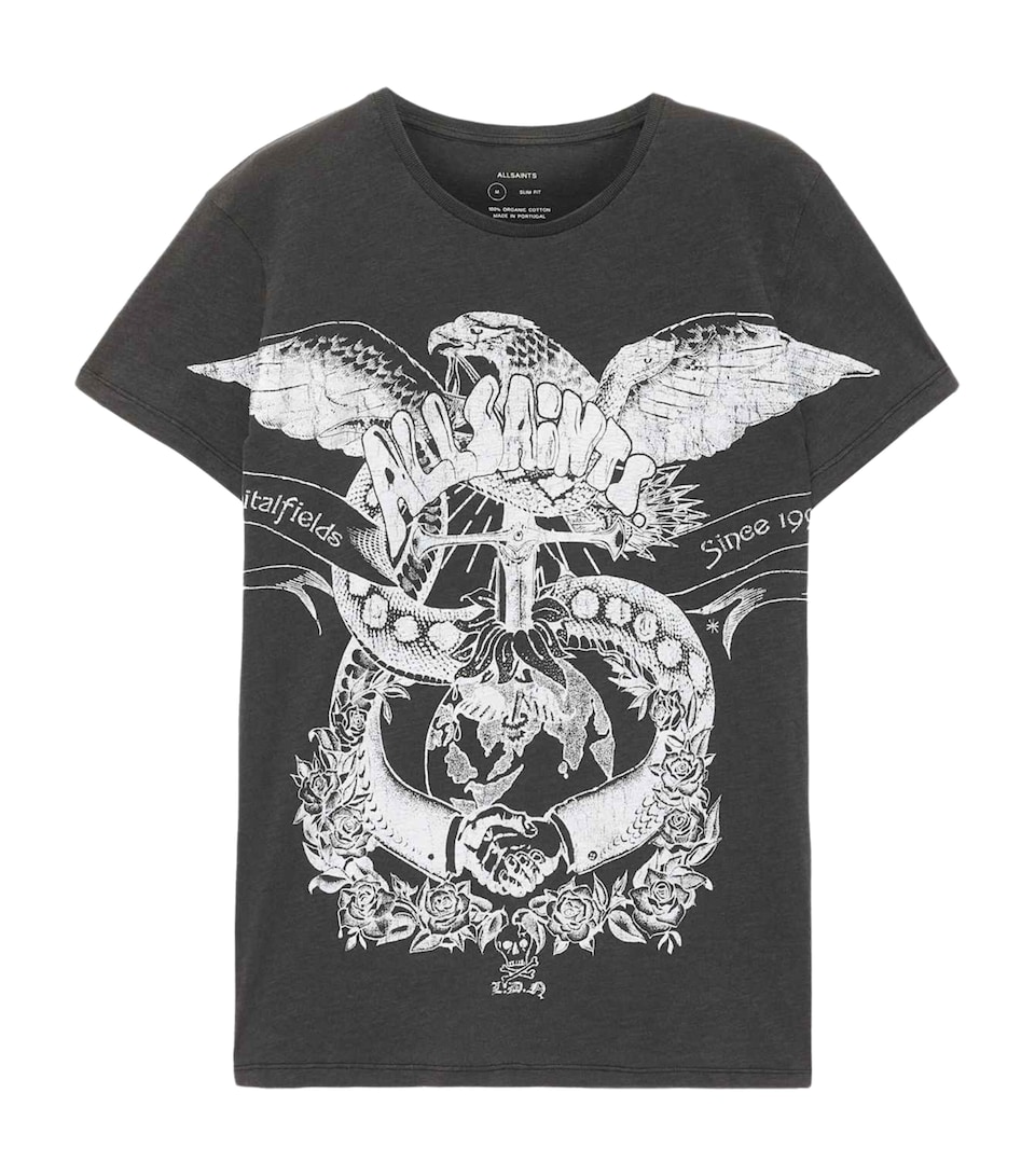 AllSaints Mens Organic Cotton Emblems T-Shirt Washed Black