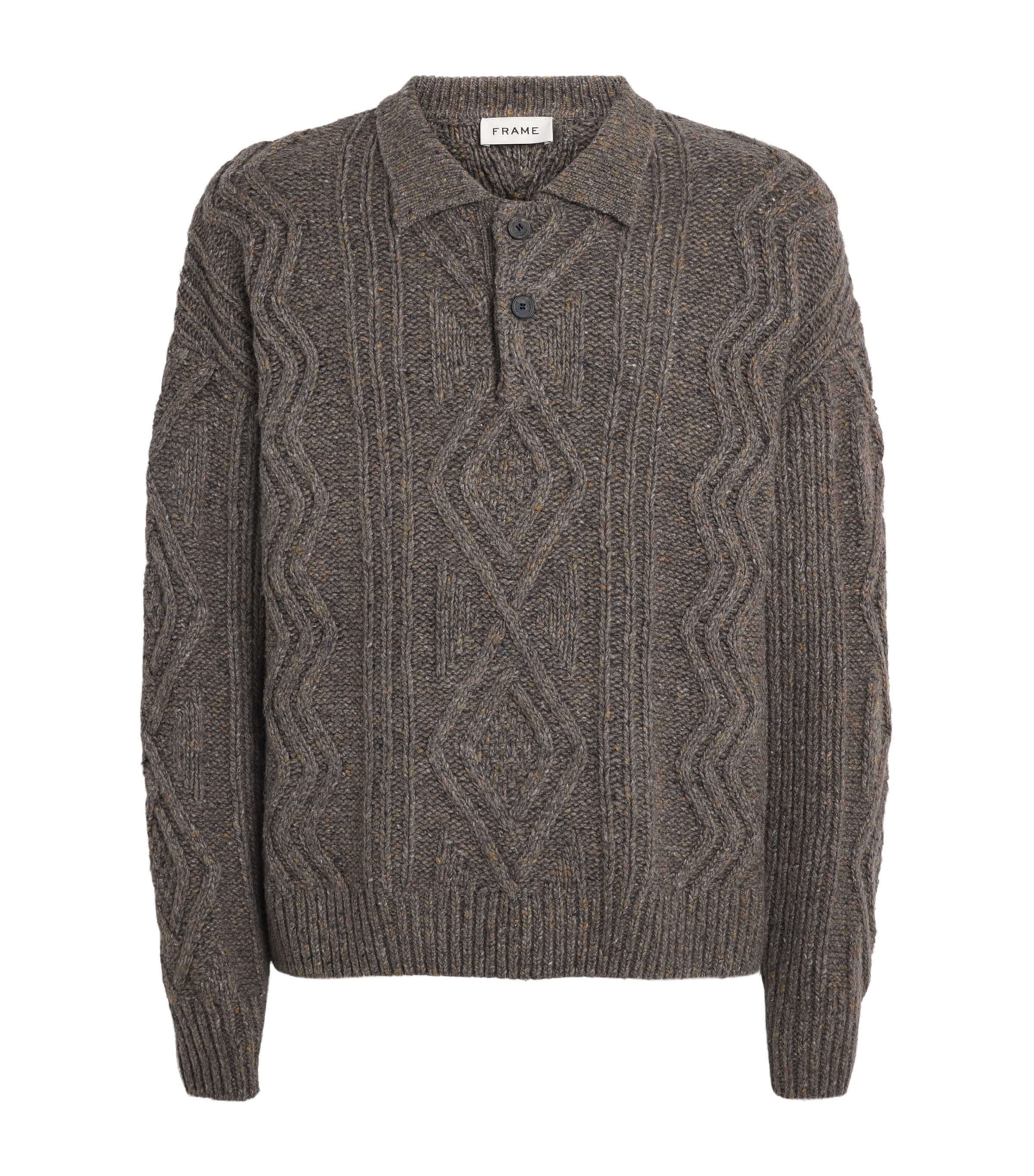 FRAME Mens Wool-Blend Cable-Knit Polo Sweater Brno Brown Olive