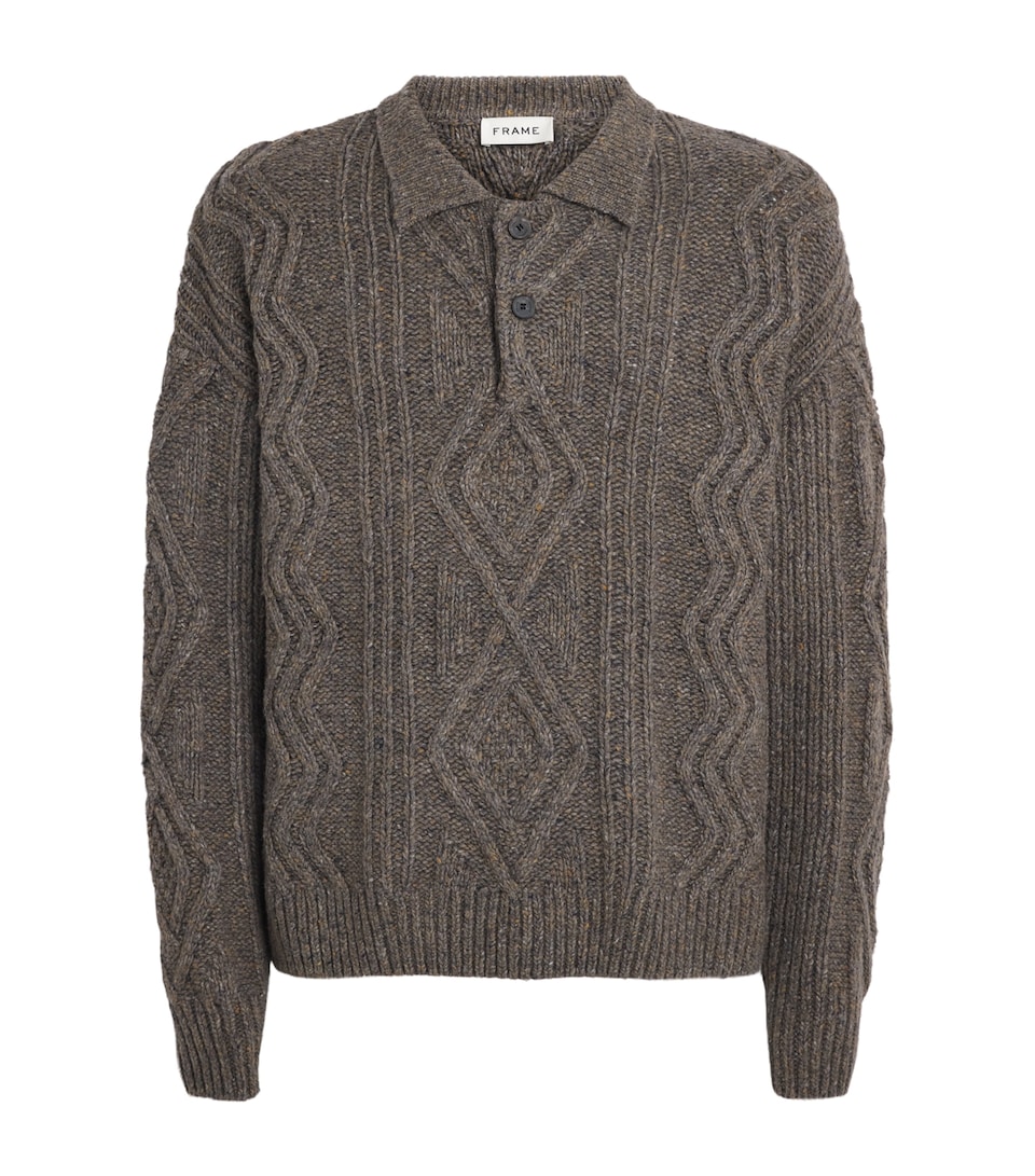 FRAME Mens Wool-Blend Cable-Knit Polo Sweater Brno Brown Olive