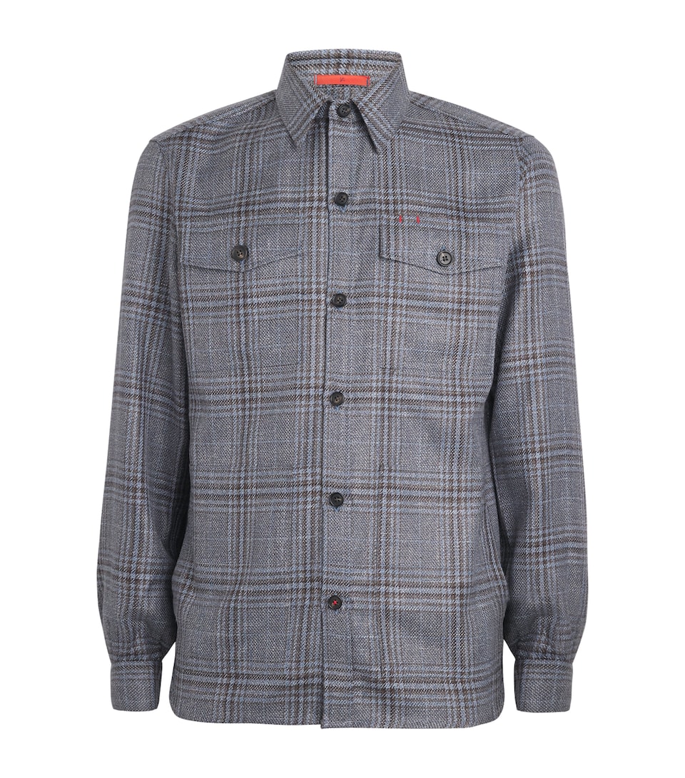 Isaia Mens Wool-Silk-Linen Check Overshirt
