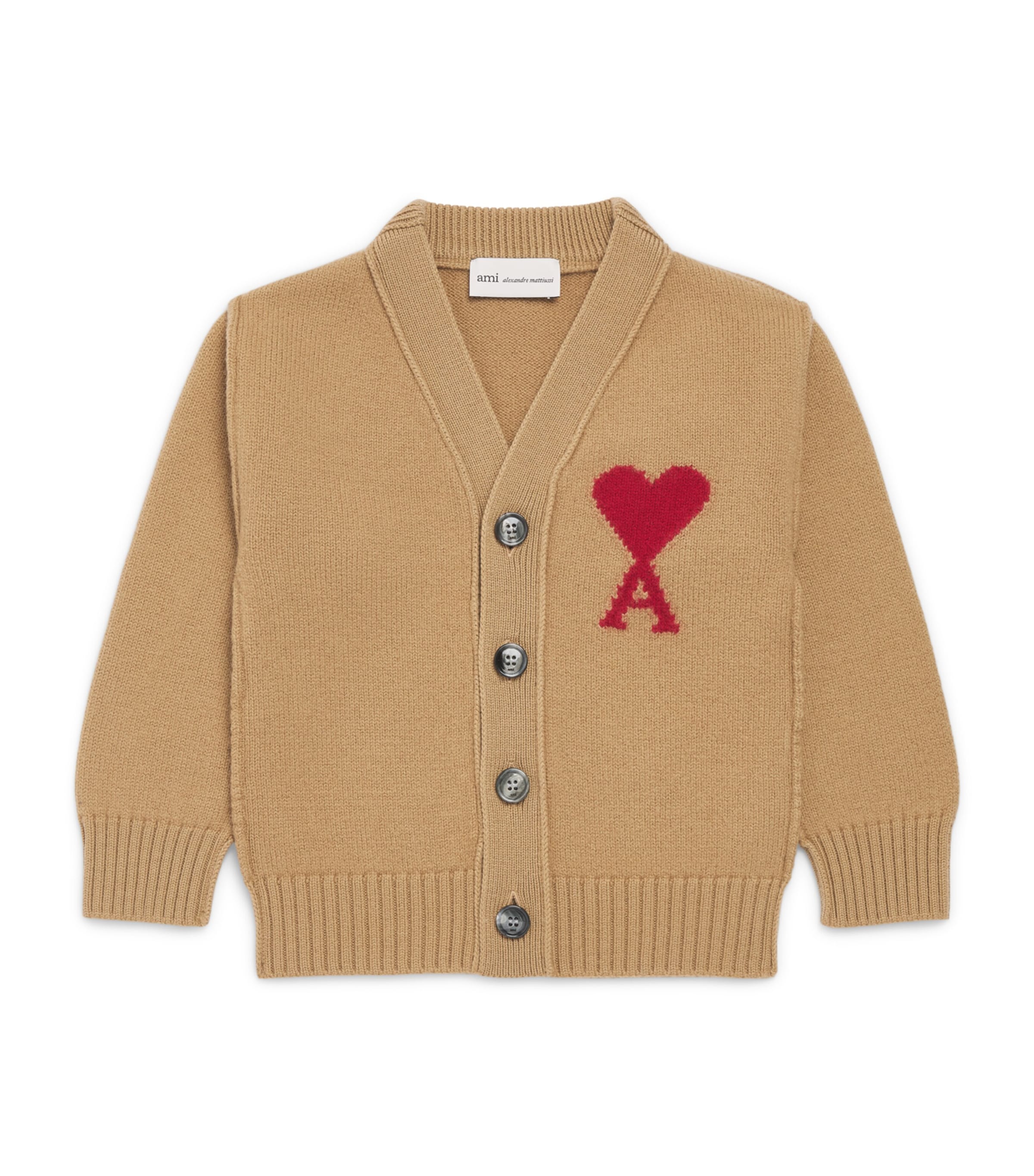 AMI Paris Virgin Wool Ami de Coeur Cardigan (4-12 Years) : Camel/rouge