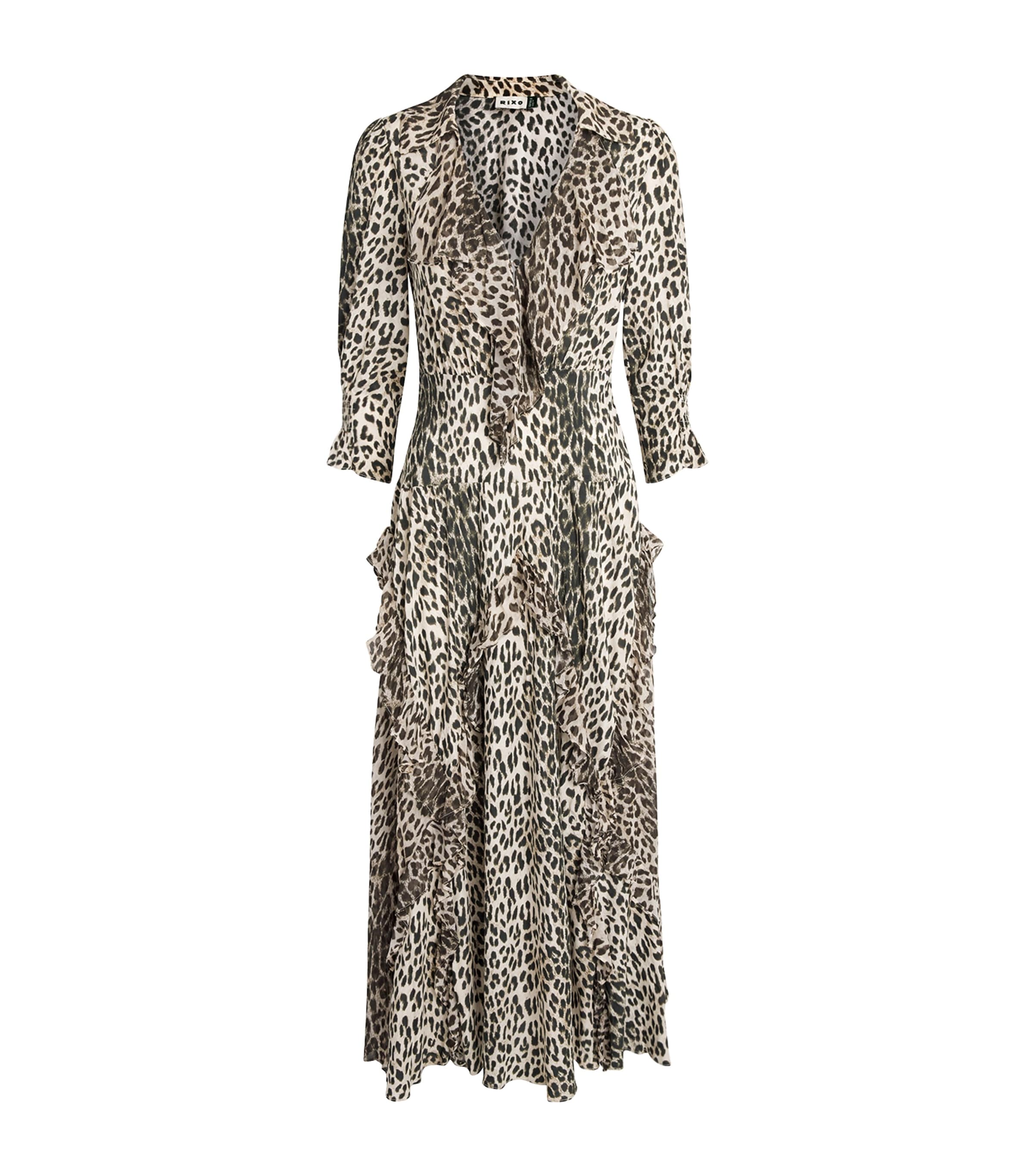 Rixo Womens Crepe Leopard Rosanna Midi Dress Nina Leopard Mocha