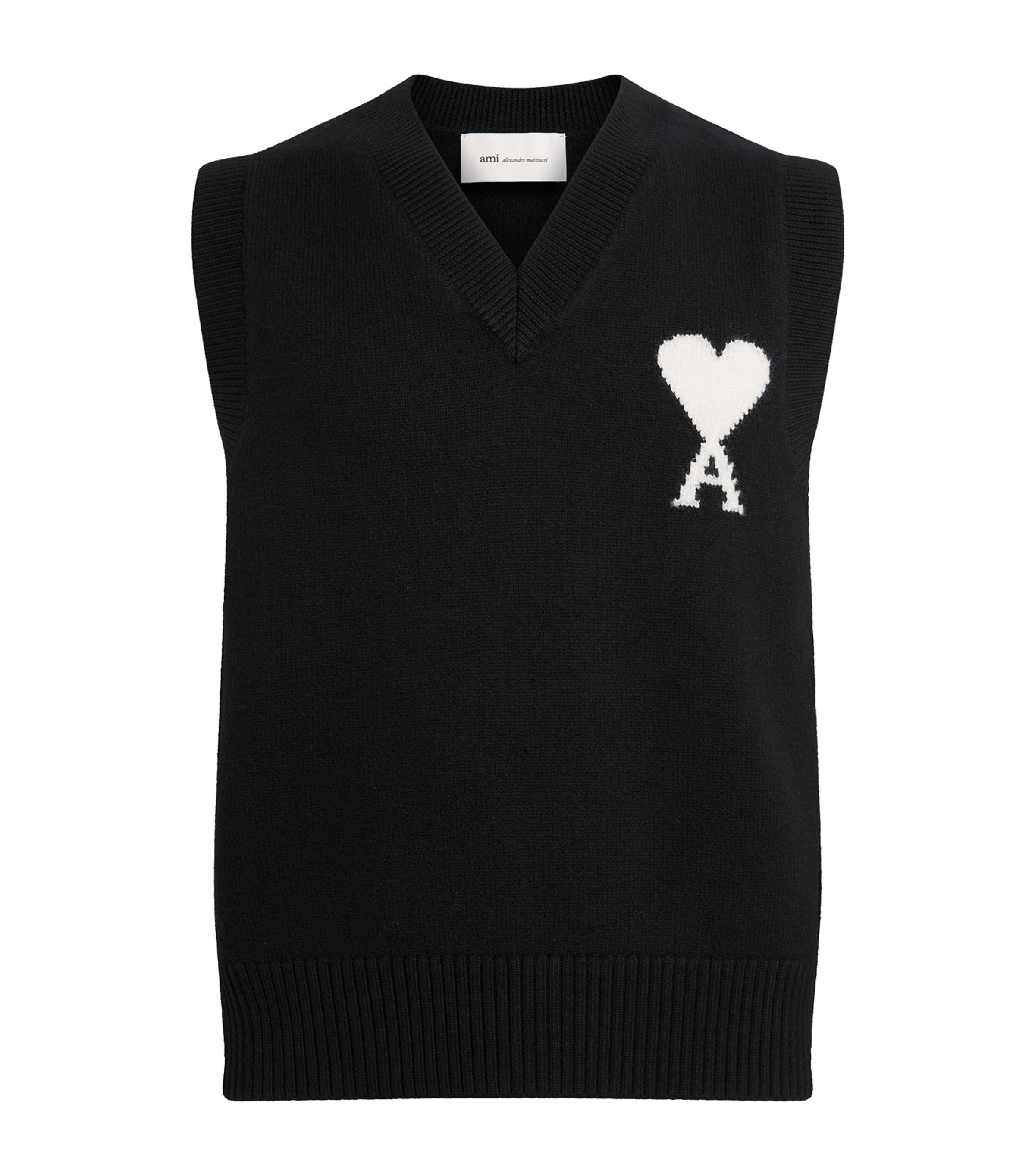 AMI Paris Mens Wool Logo Sweater Vest Noir/ecru