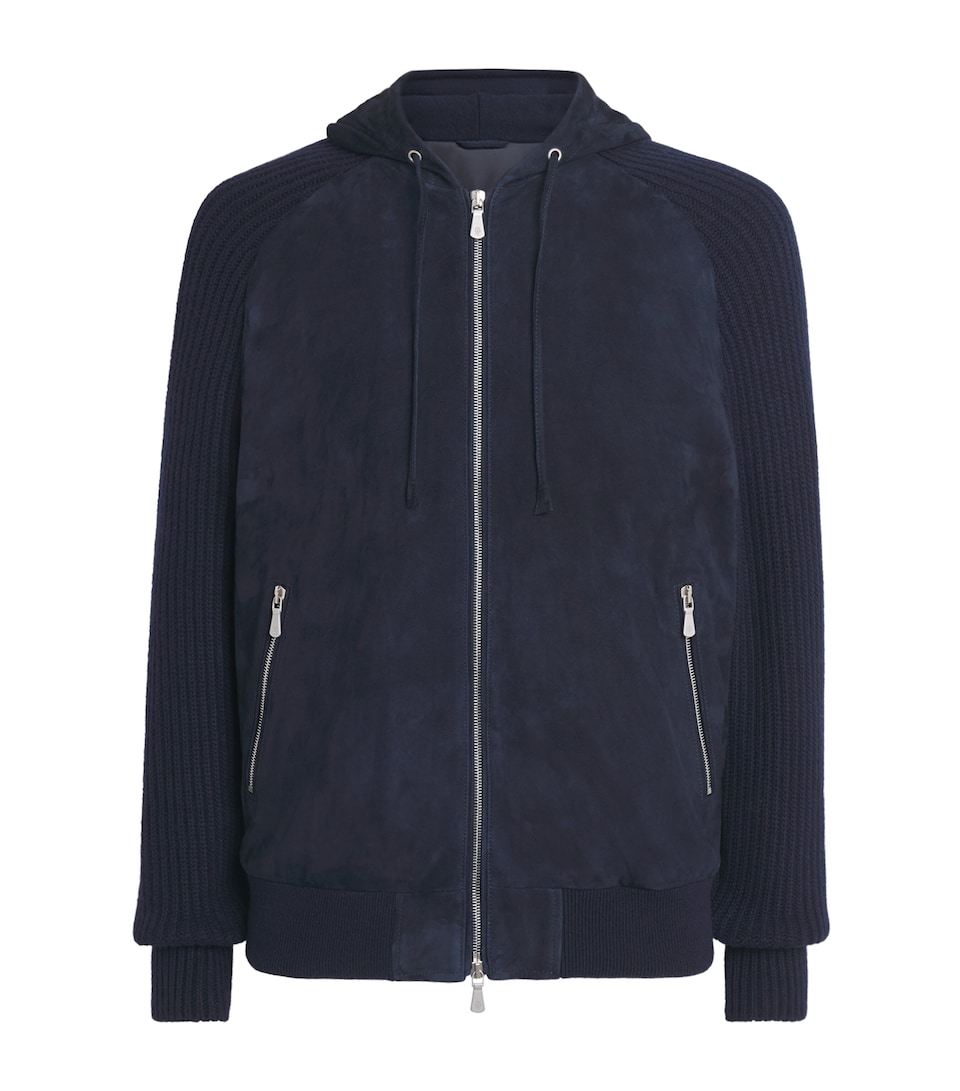 Eleventy Mens Suede-Trim Padded Jacket Blu