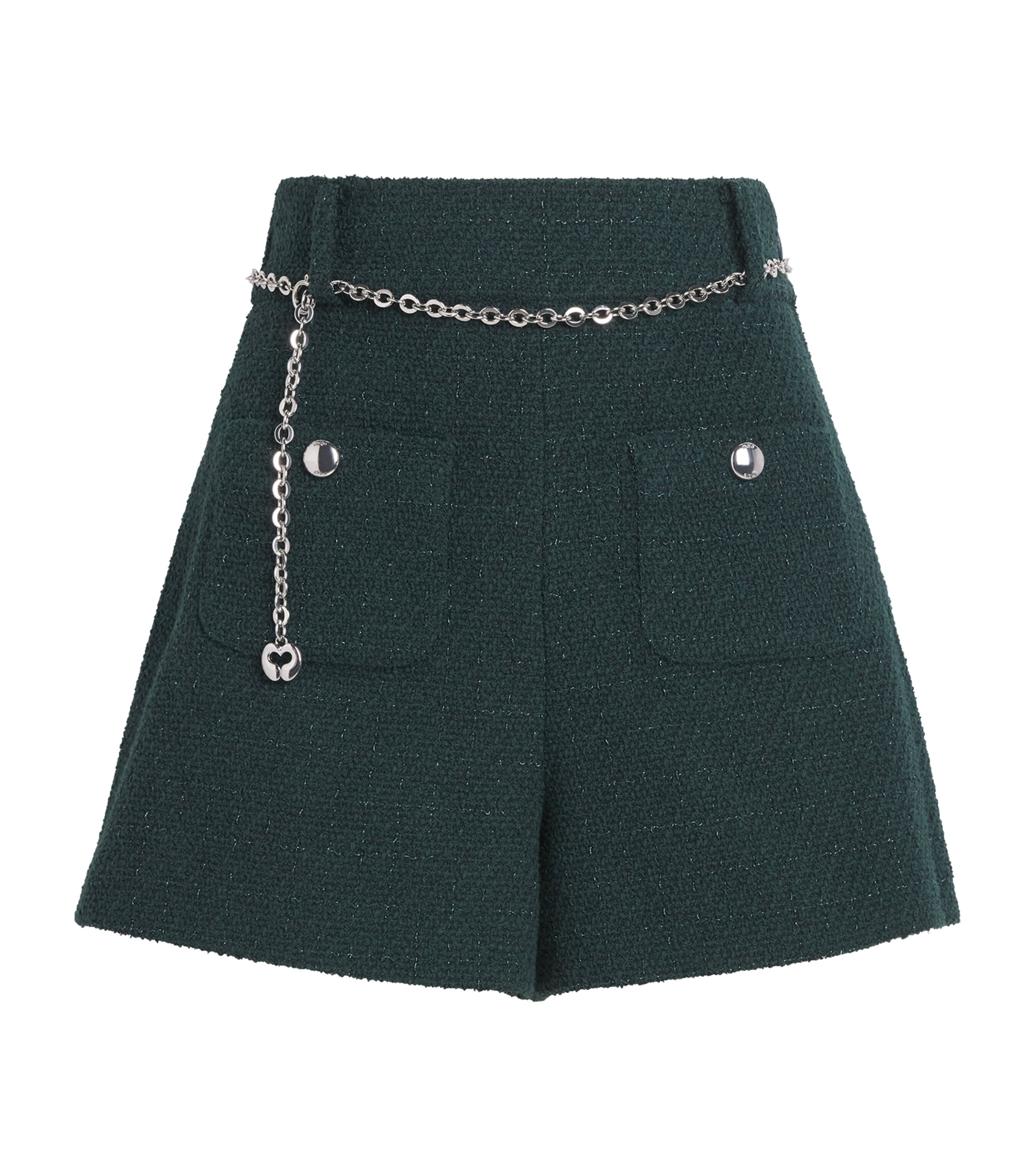 Maje Womens Tweed Chain Belt Shorts Bottle Green