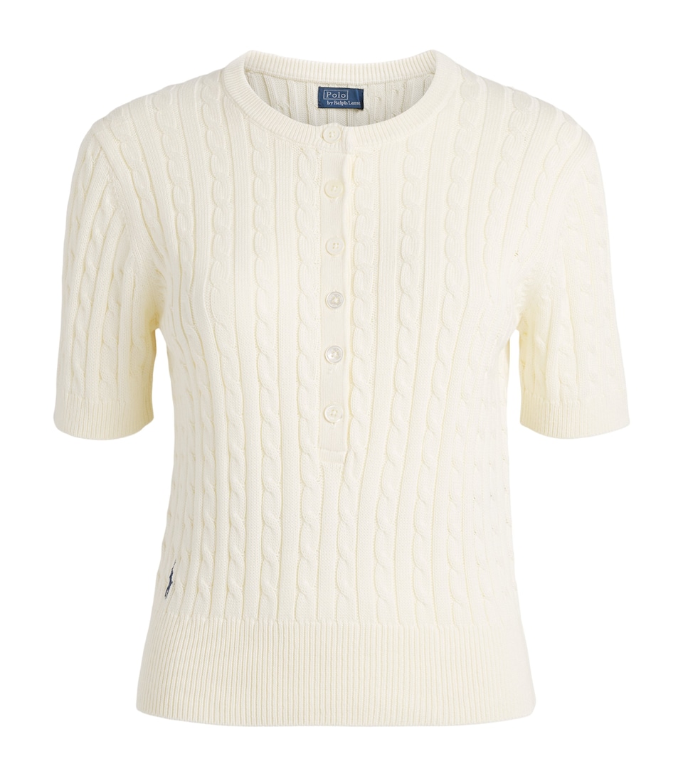 Polo Ralph Lauren Womens Cable-Knit Short-Sleeve Henley Sweater Clubhouse Cream