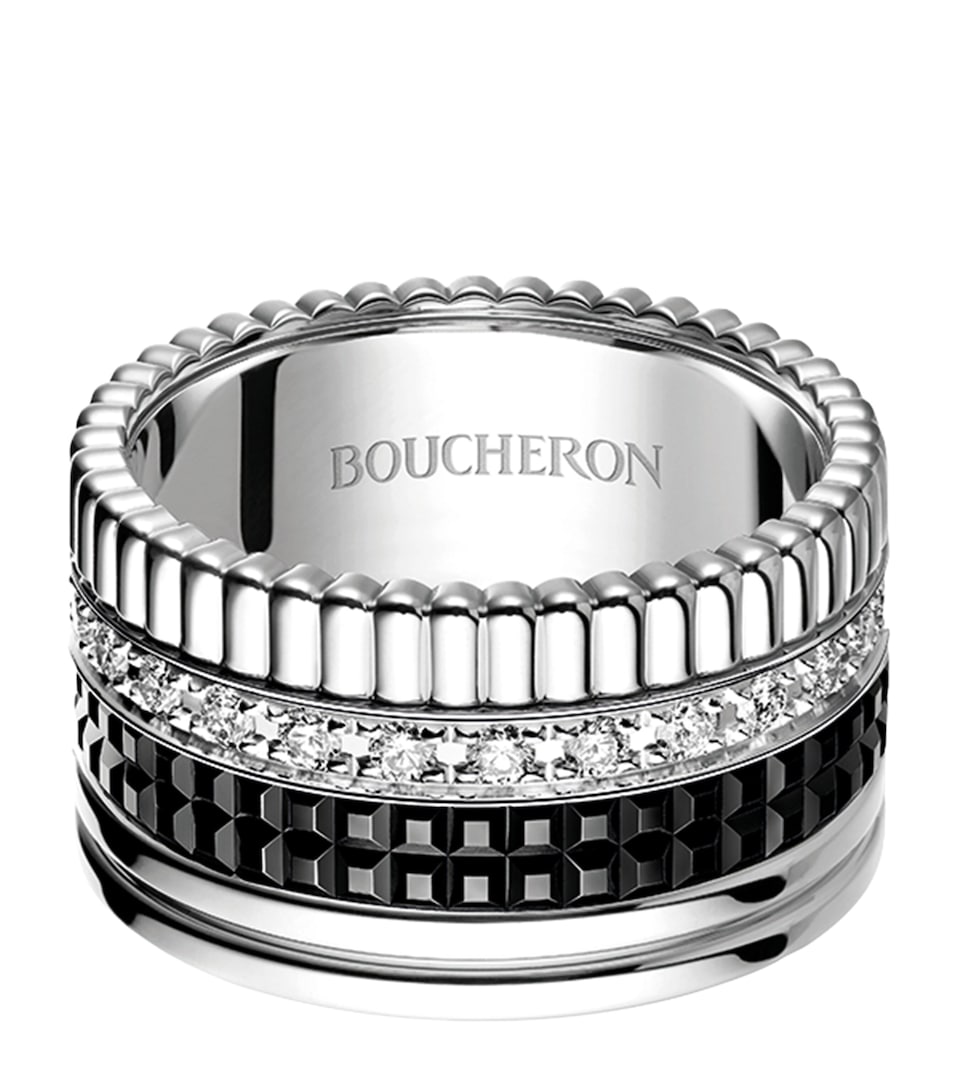 Large White Gold and Diamond Quatre Black Ring